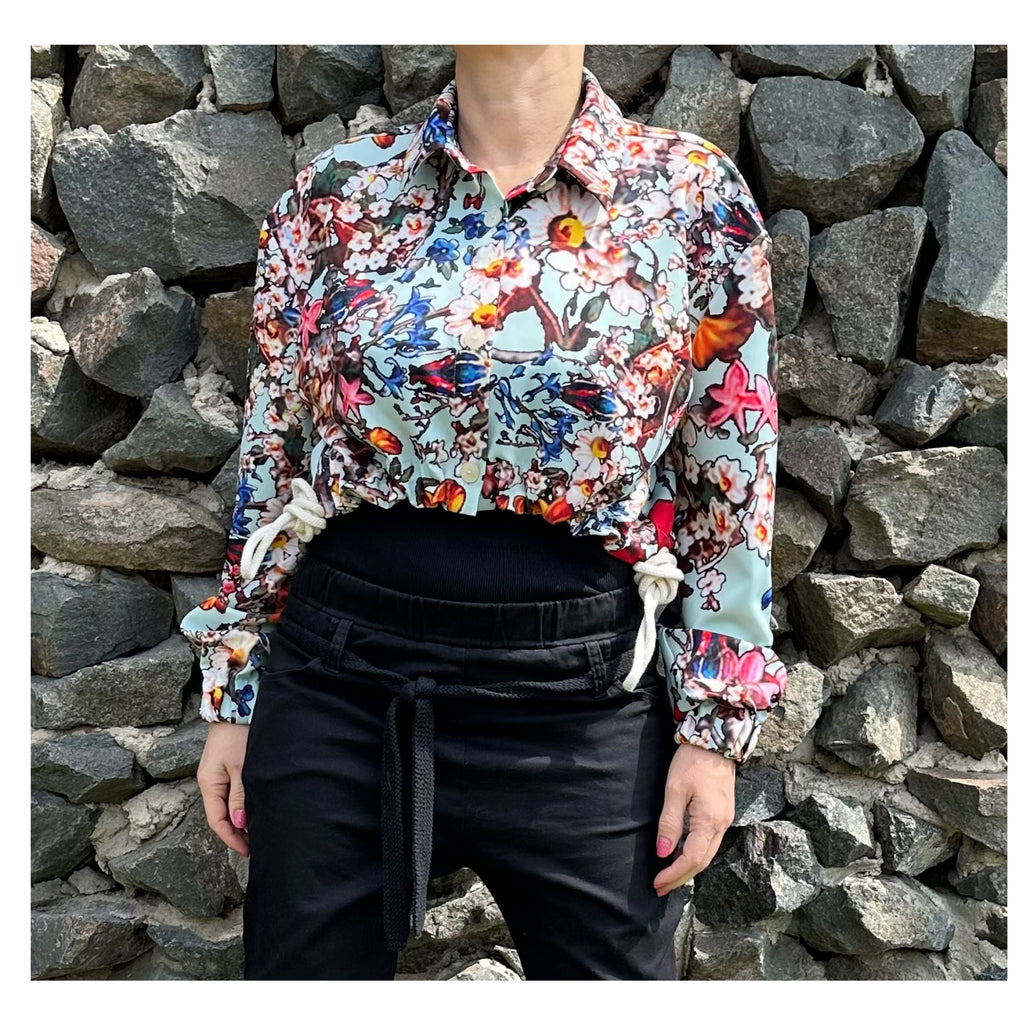 Colourful Neoprene Blouse: Asymmetric Button-Up Top