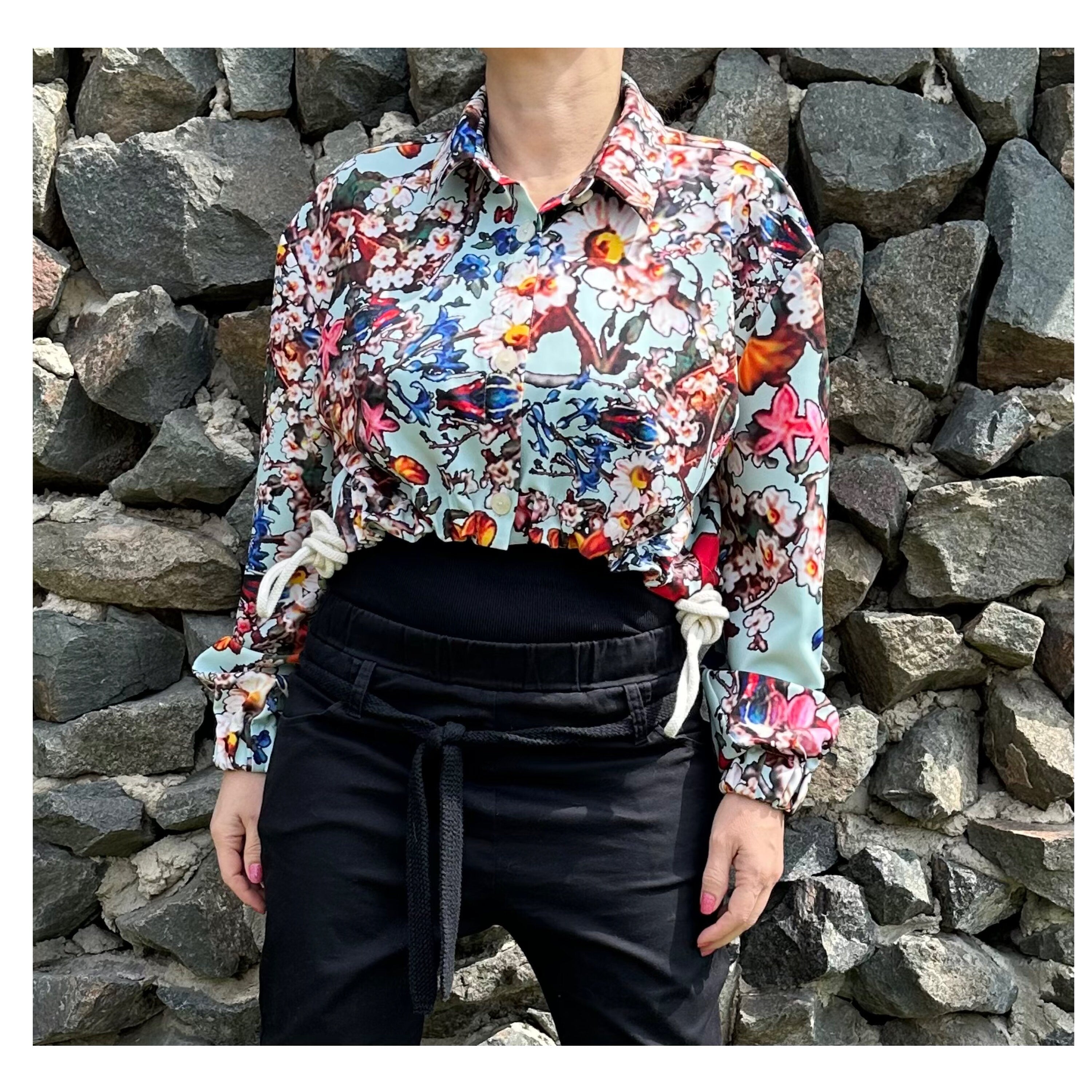 Colourful Neoprene Blouse: Asymmetric Button-Up Top