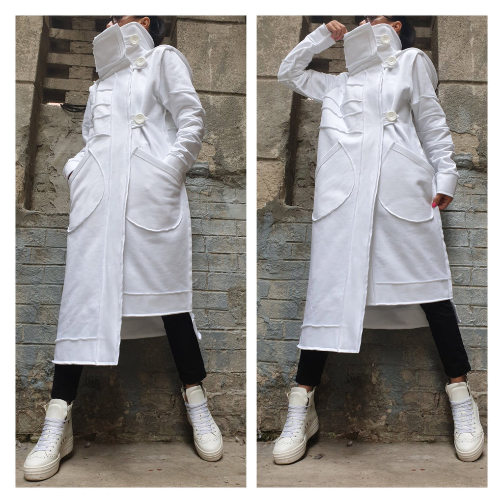 Women’s Long White Asymmetric Vest Coat with Hood – Heavyweight Sweatshirt Fabric