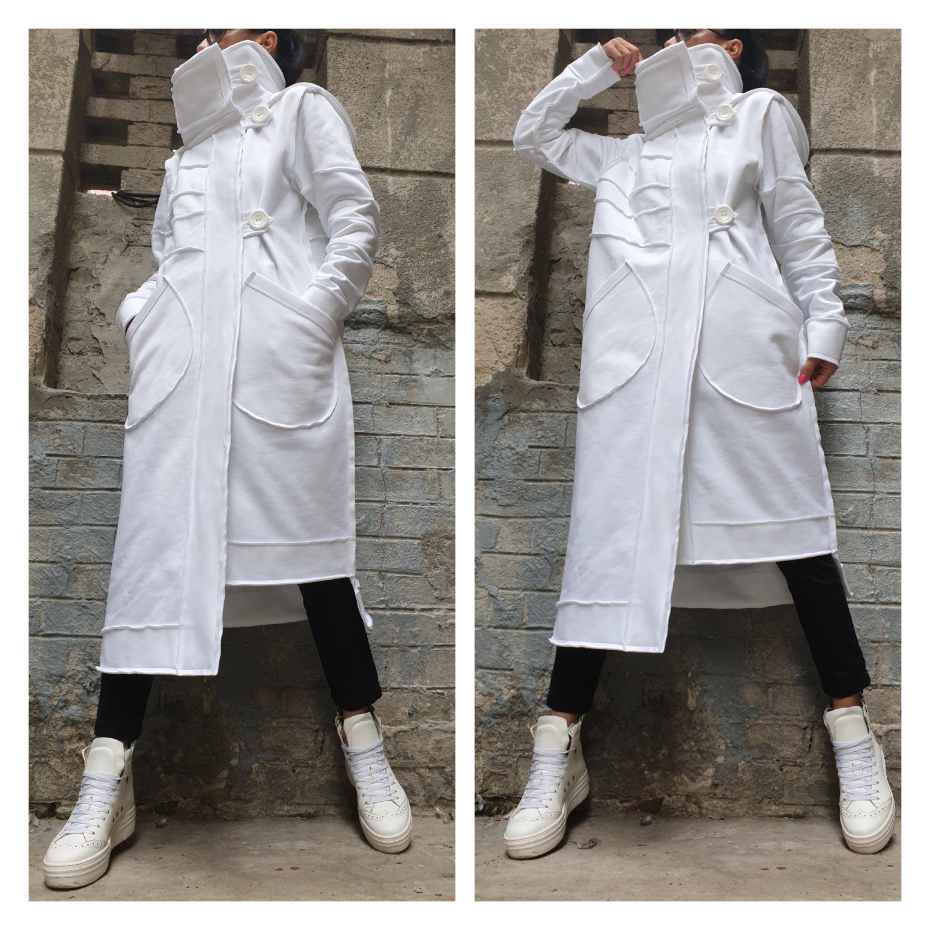 Women’s Long White Asymmetric Vest Coat with Hood – Heavyweight Sweatshirt Fabric