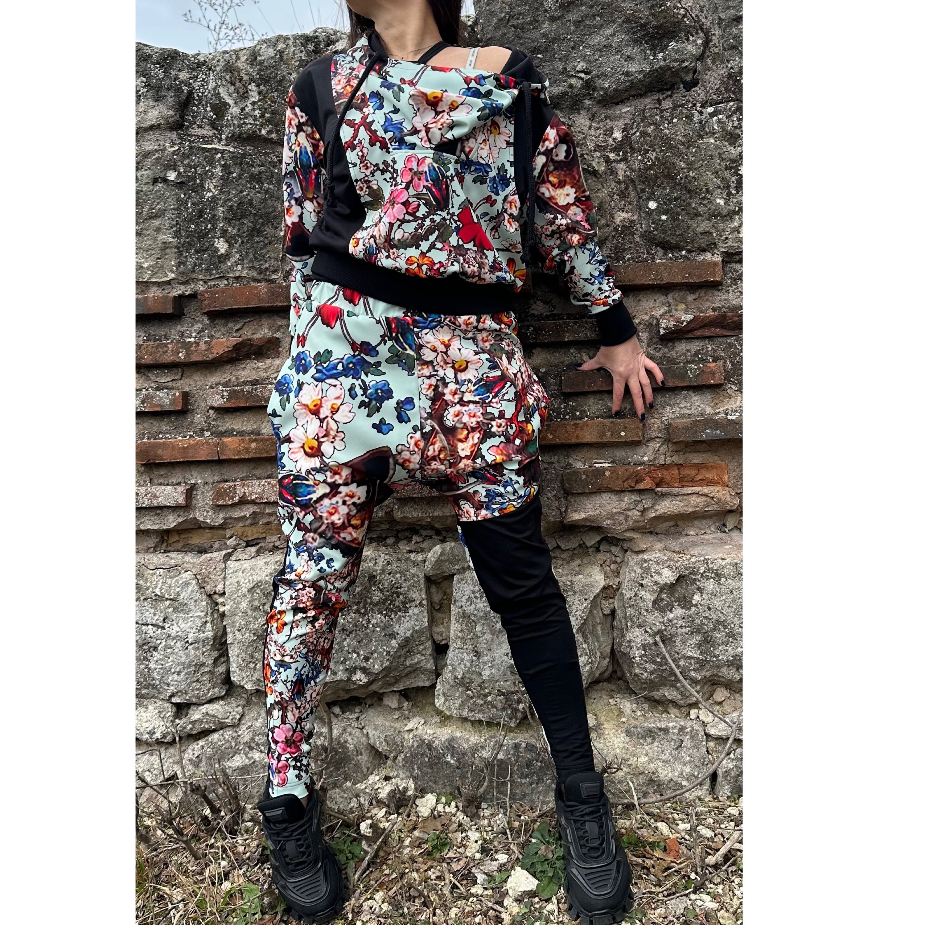 Women’s Neoprene Tracksuit – Hoodie and Joggers in Colorful Patchwork / Handmade Two-Piece  Аthleisure Set