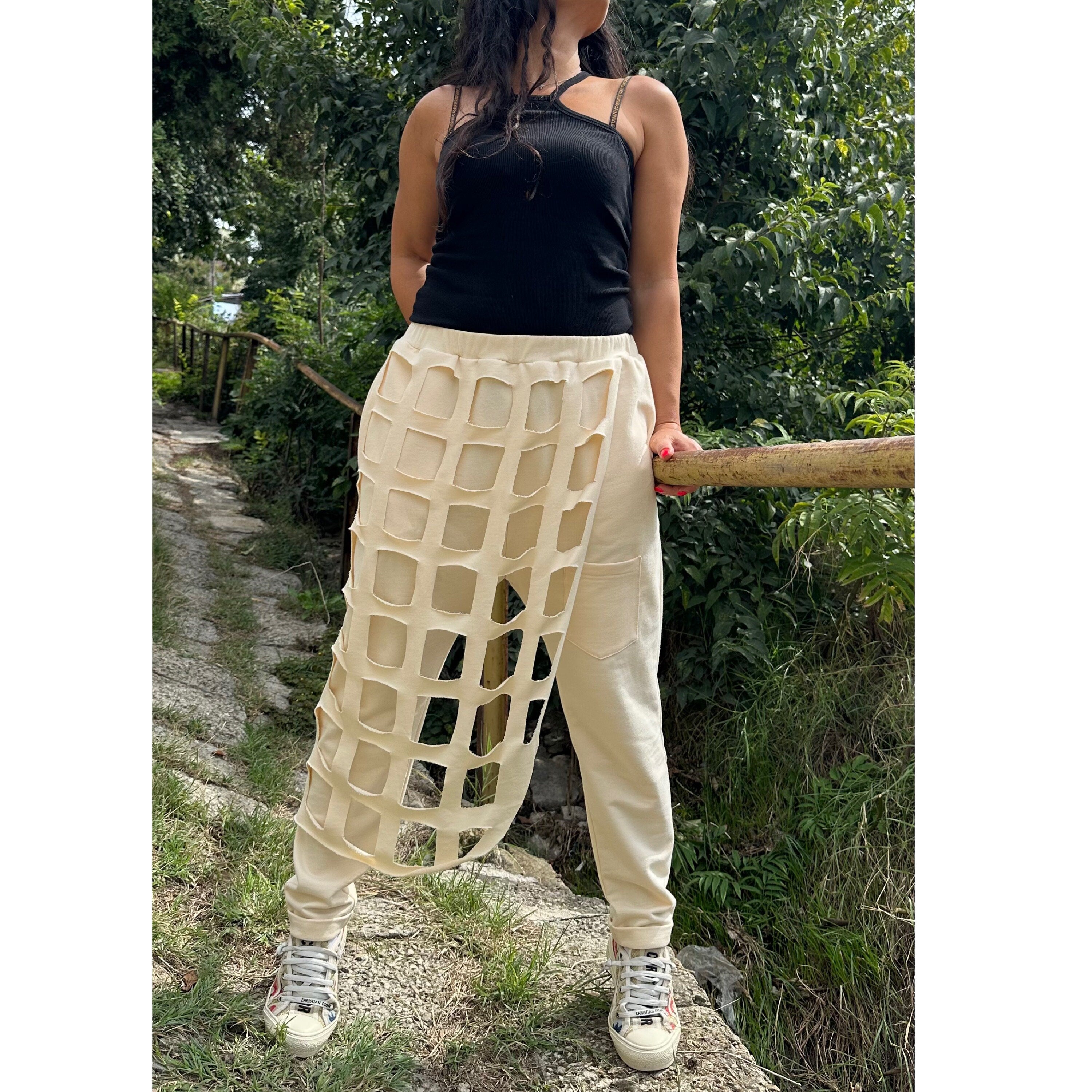 Hand-Cut Cotton Sweatpants – Artistic Grid Design with Elastic Waist and Pockets