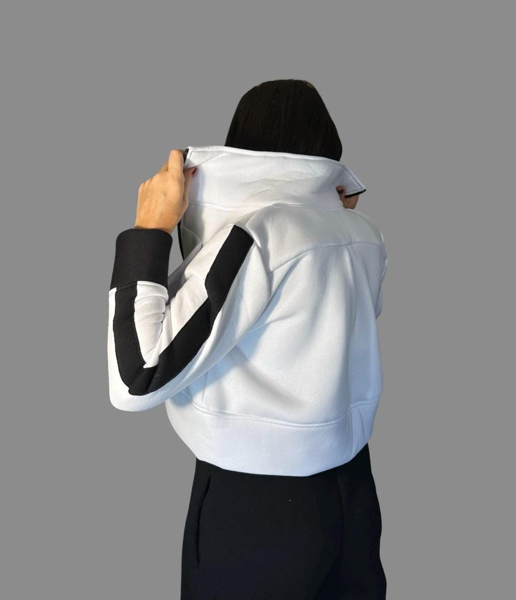 Cropped White Fleece Jacket – High Collar Winter Top / Women’s Streetwear Sweatshirt / Zip Up Hoodie / Designer Warm Sweater XS–5XL