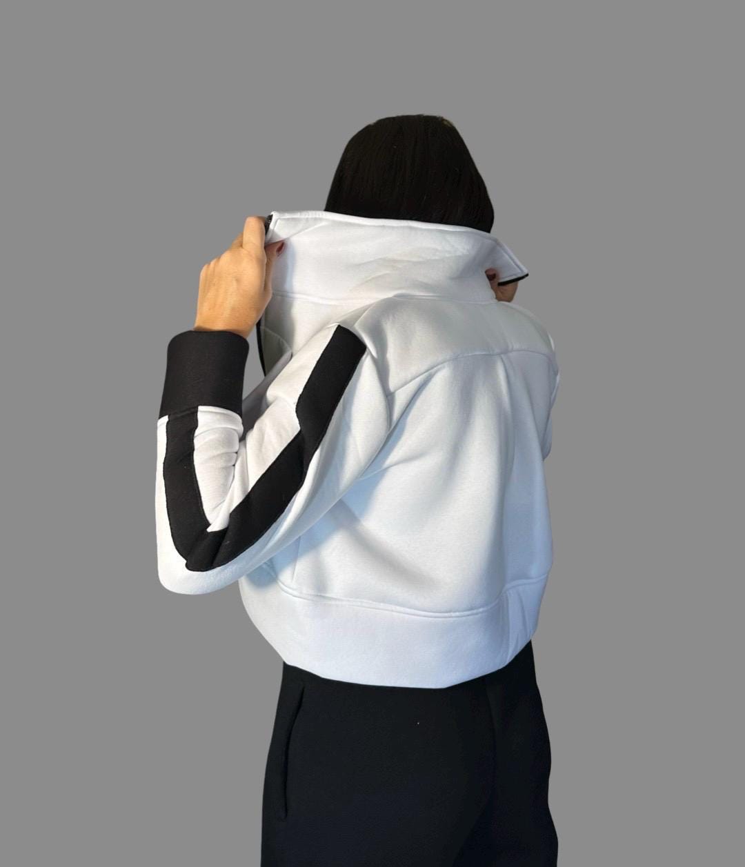 Cropped White Fleece Jacket – High Collar Winter Top / Women’s Streetwear Sweatshirt / Zip Up Hoodie / Designer Warm Sweater XS–5XL