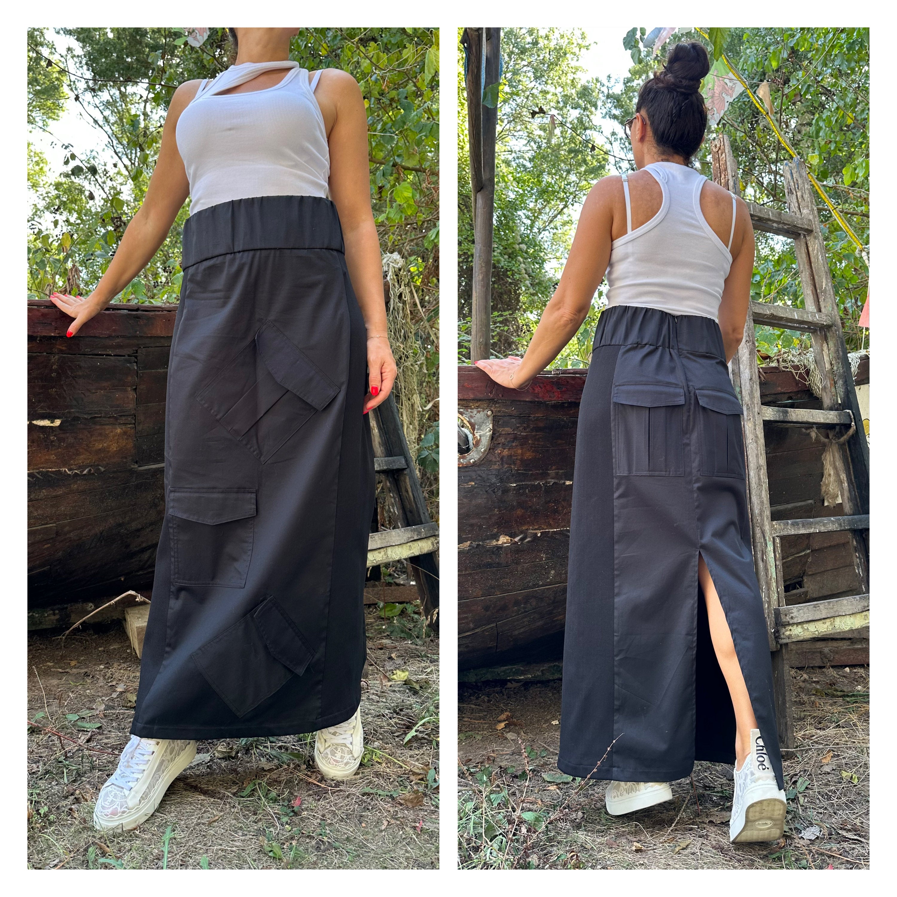Black Maxi Skirt with High Waist / Slit and Multi Pockets