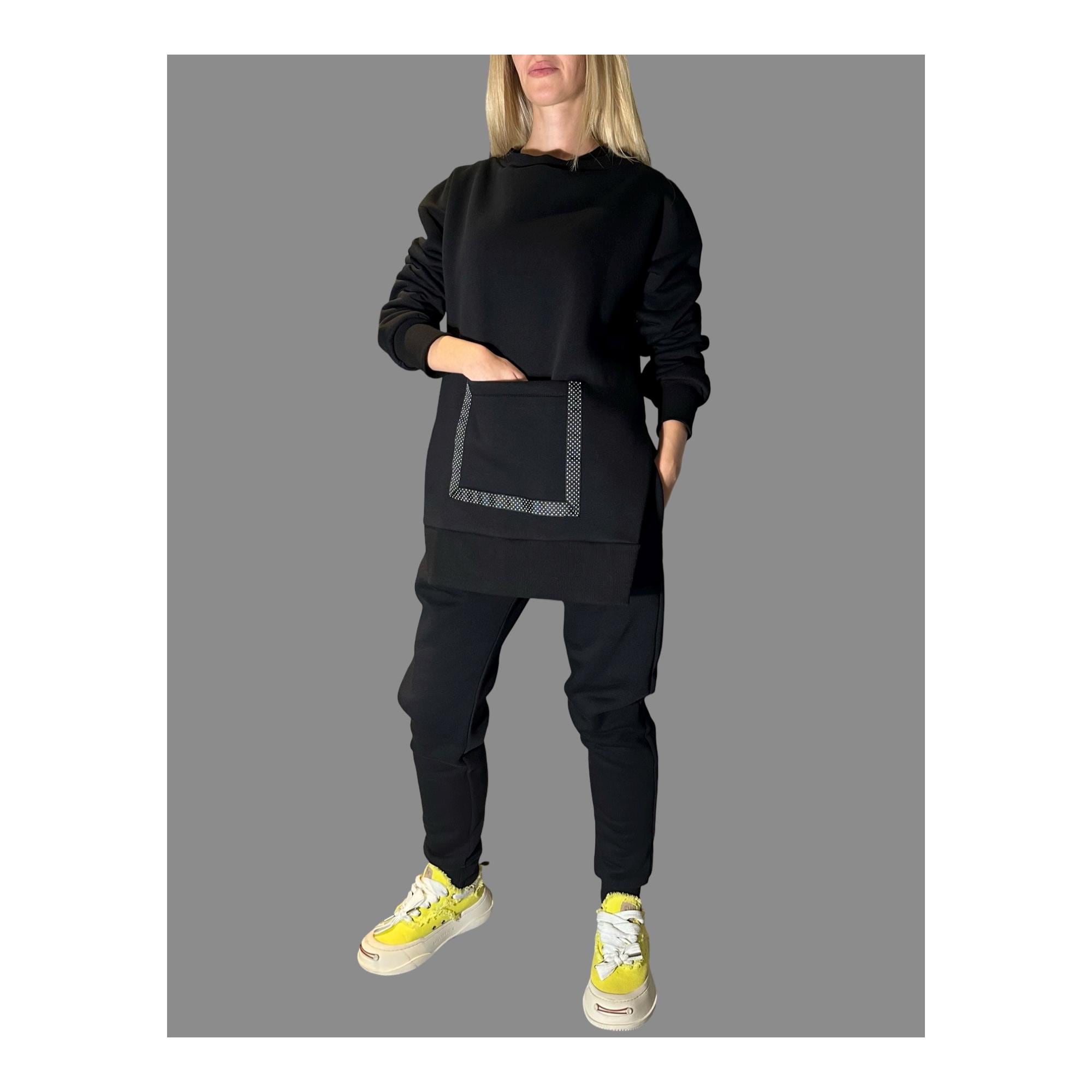 Women’s Winter Fleece Set – Asymmetric Sweatshirt & High-Waisted Joggers / Thick Three-Thread Cotton Tracksuit / Warm Black Two-Piece Outfit