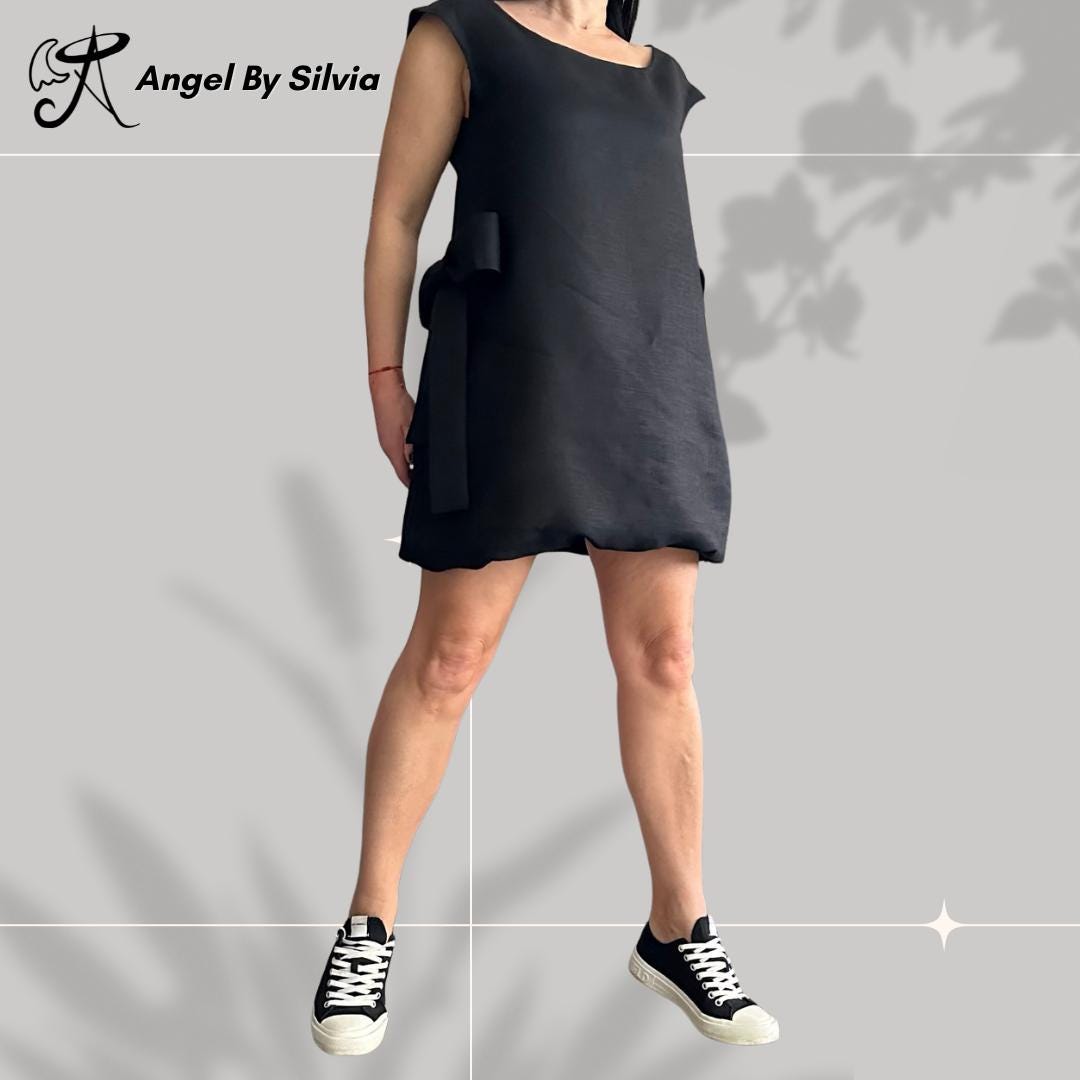 Black Linen Dress – Sleeveless Minimalist Tunic with Side Bows / Women’s Summer Shift Dress
