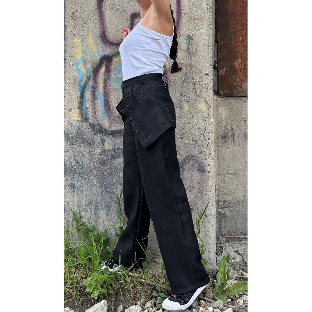 Black Linen High-Waisted Pants with Removable Overlay Skirt – Wide-Leg Trousers with Pockets