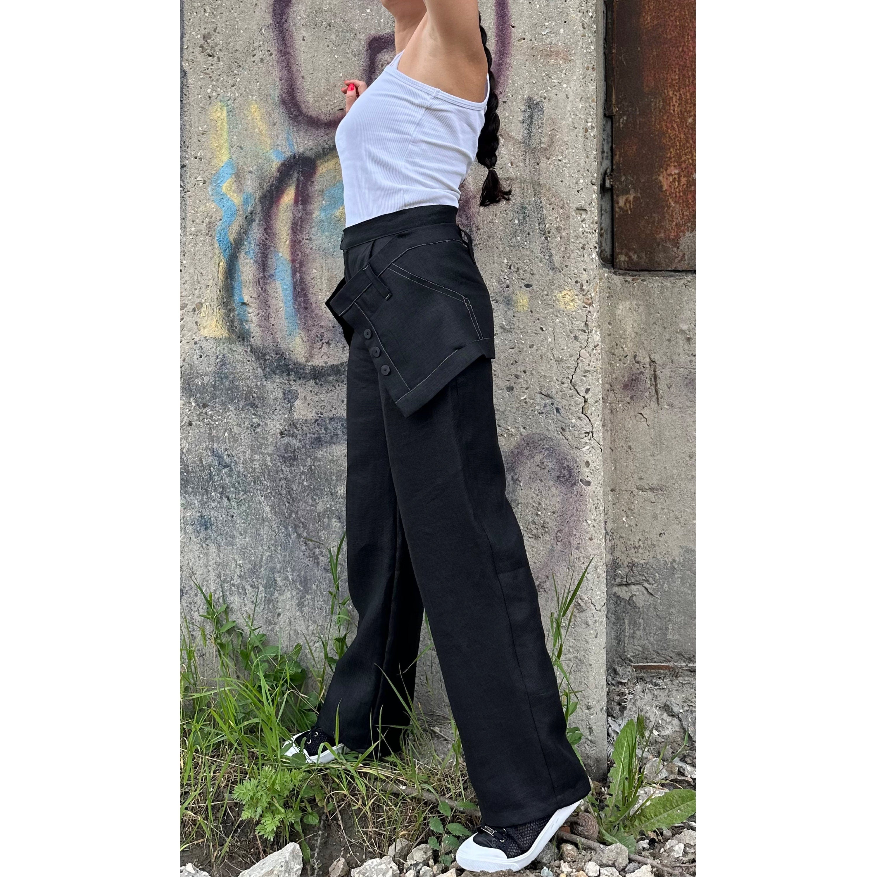 Black Linen High-Waisted Pants with Removable Overlay Skirt – Wide-Leg Trousers with Pockets