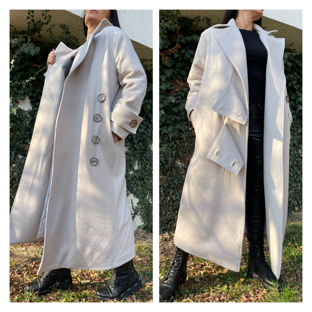 Oversized Wool Blend Coat – Long Lined Beige Overcoat with Asymmetric Button Closure