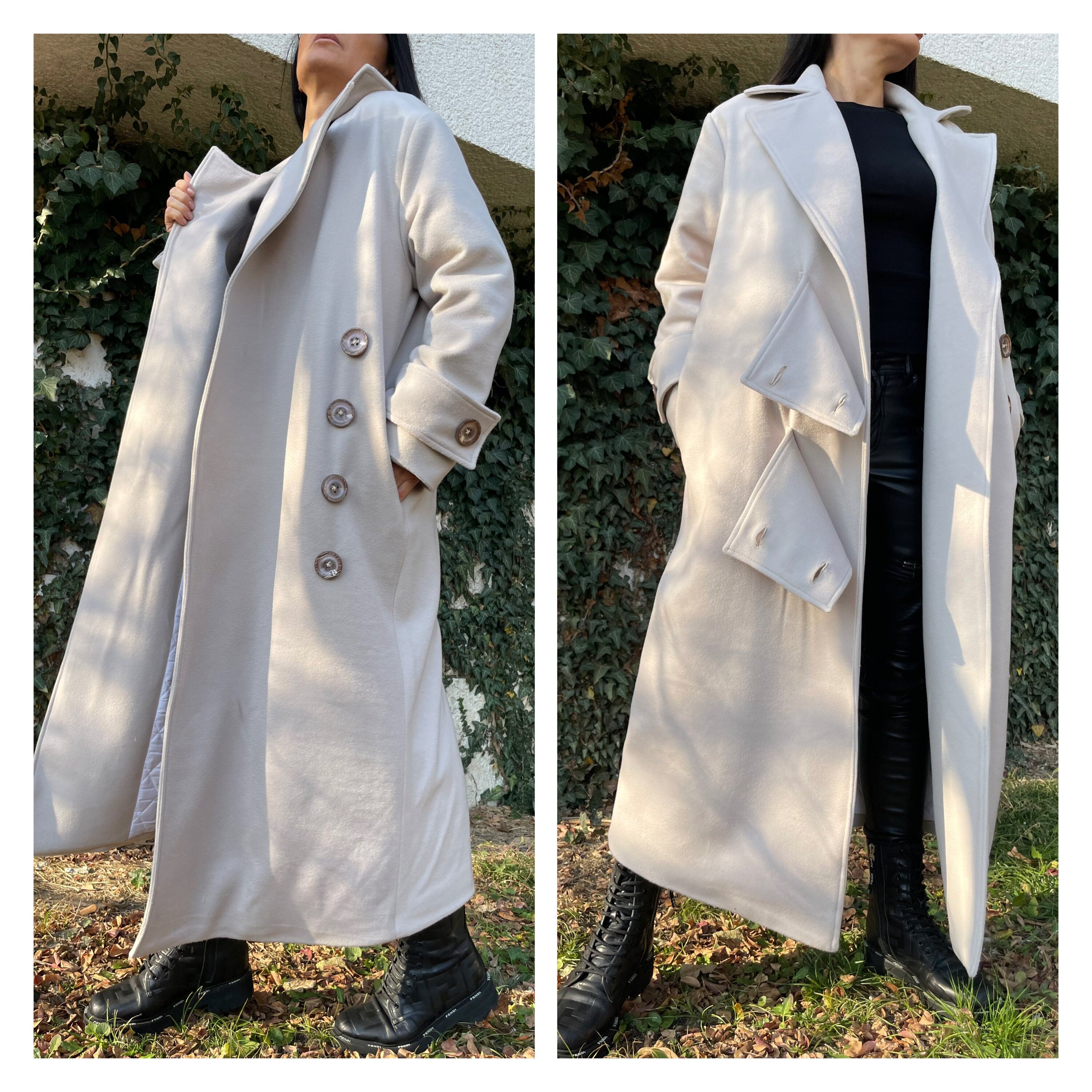 Oversized Wool Blend Coat – Long Lined Beige Overcoat with Asymmetric Button Closure