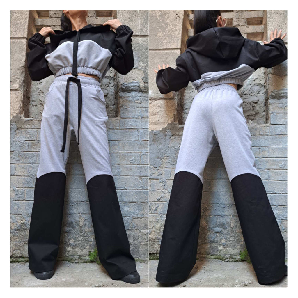 Urban Two-Piece Cotton Set – Cropped Hooded Top & High Waist Pants / Grey and Black Women’s Outfit
