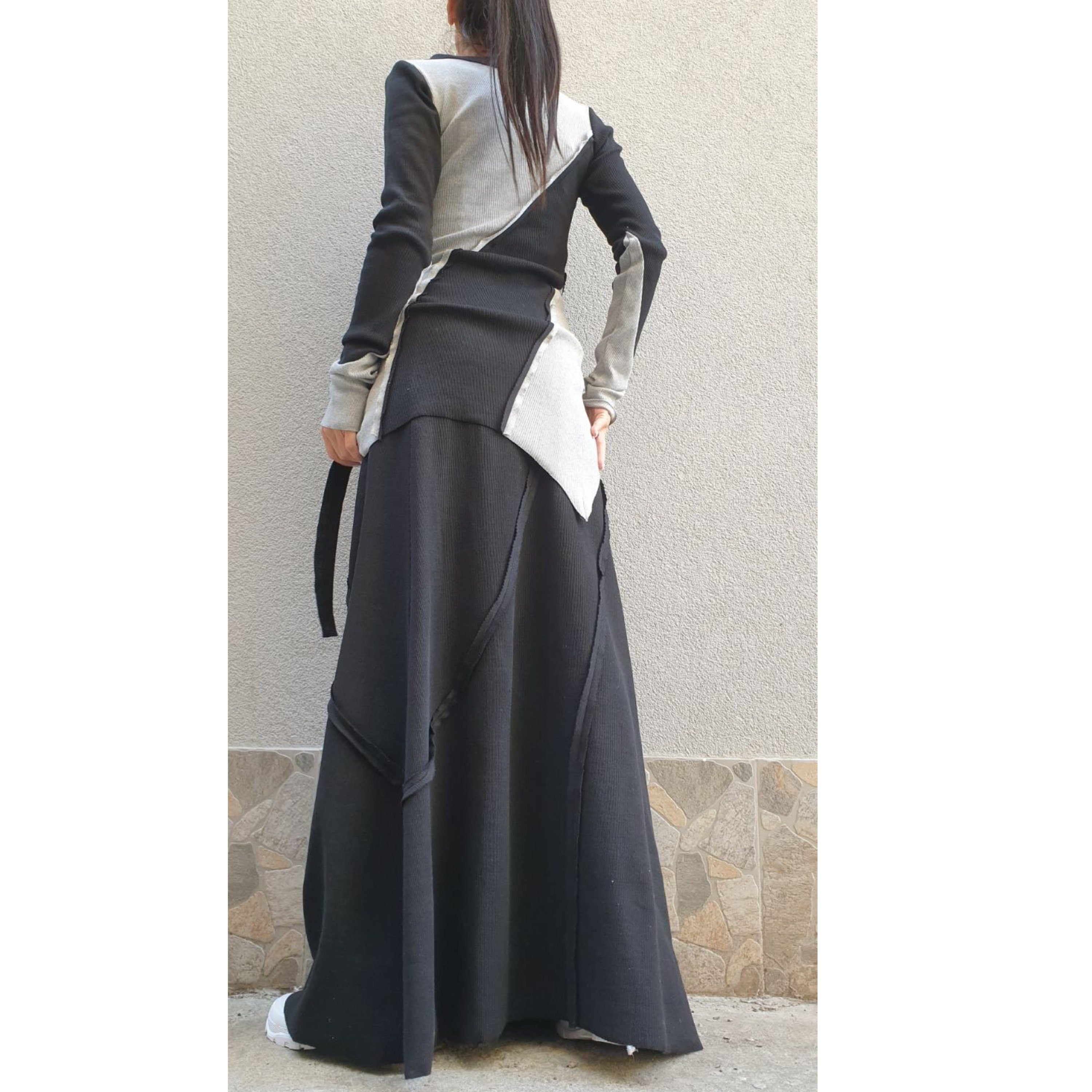 Asymmetric Cotton Set – Long Sleeve Top and Maxi Skirt / Black Grey Two-Piece Outfit / Avantgarde Women’s Clothing