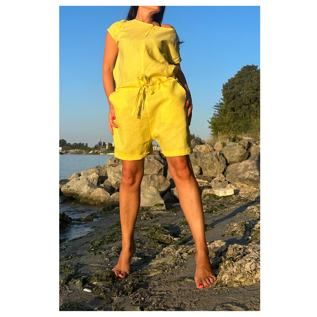 Yellow Linen Overalls / Sleeveless Open Back Summer Jumpsuit