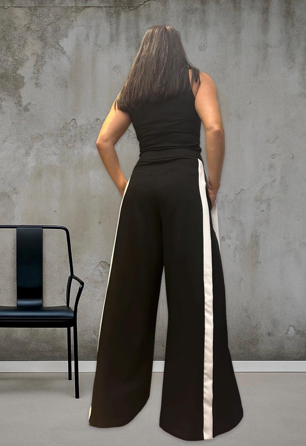 Black Wide Leg Pants for Women – High Waist Trousers with White Side Stripe / Sporty Chic Maxi Pants with Pockets