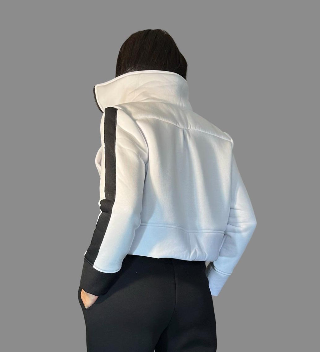 Cropped White Fleece Jacket – High Collar Winter Top / Women’s Streetwear Sweatshirt / Zip Up Hoodie / Designer Warm Sweater XS–5XL