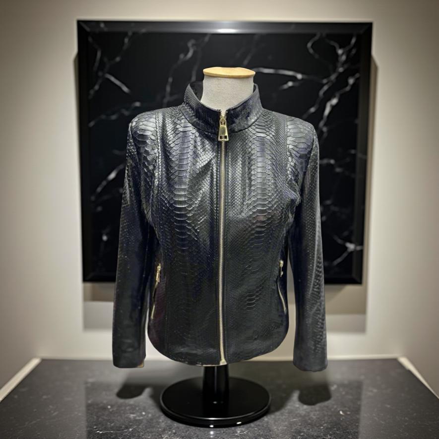 Women’s Genuine Python Leather Jacket - Classic Zip-Up Snakeskin Coat