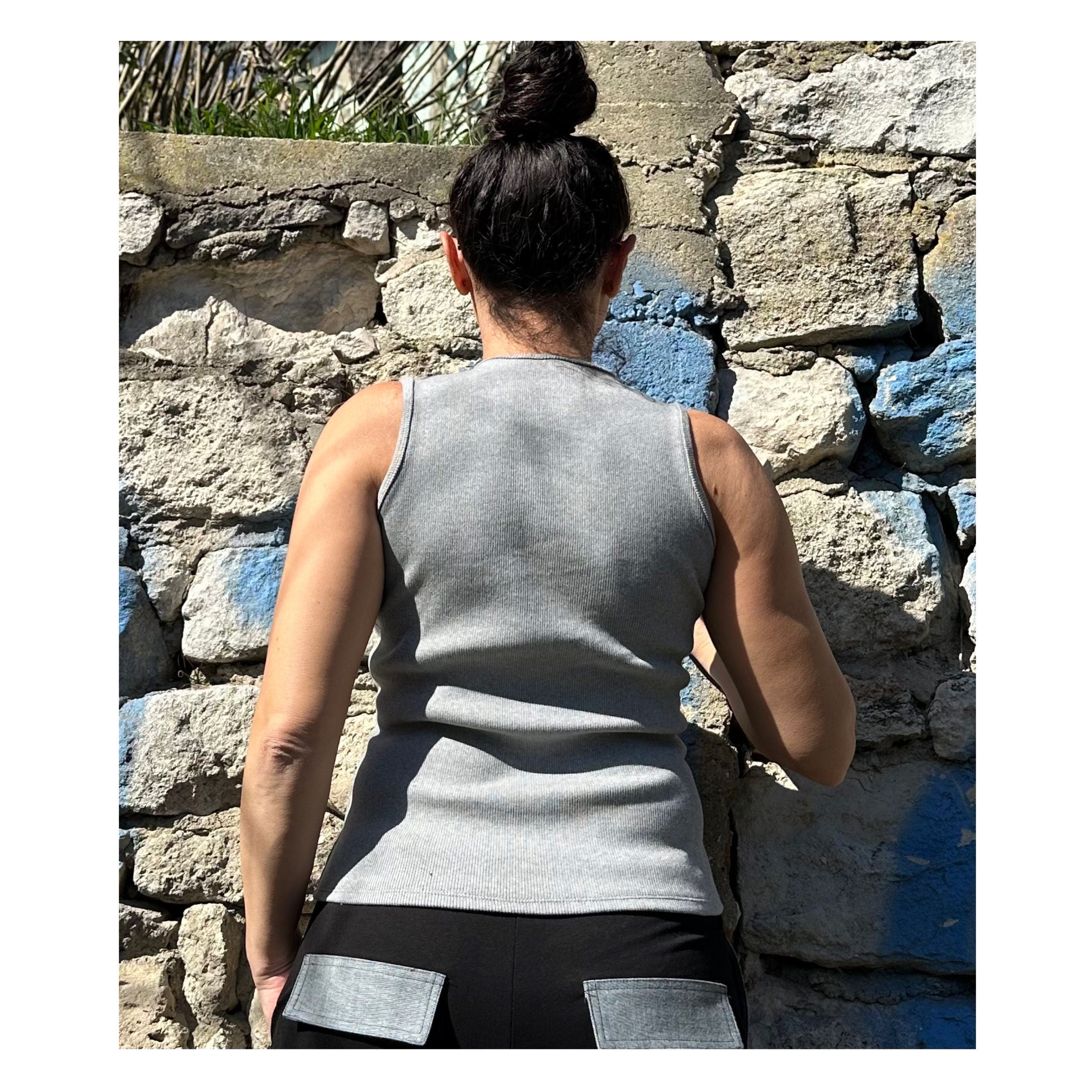 Grey Asymmetric Cotton Tank Top: Extravagant Sleeveless Blouse