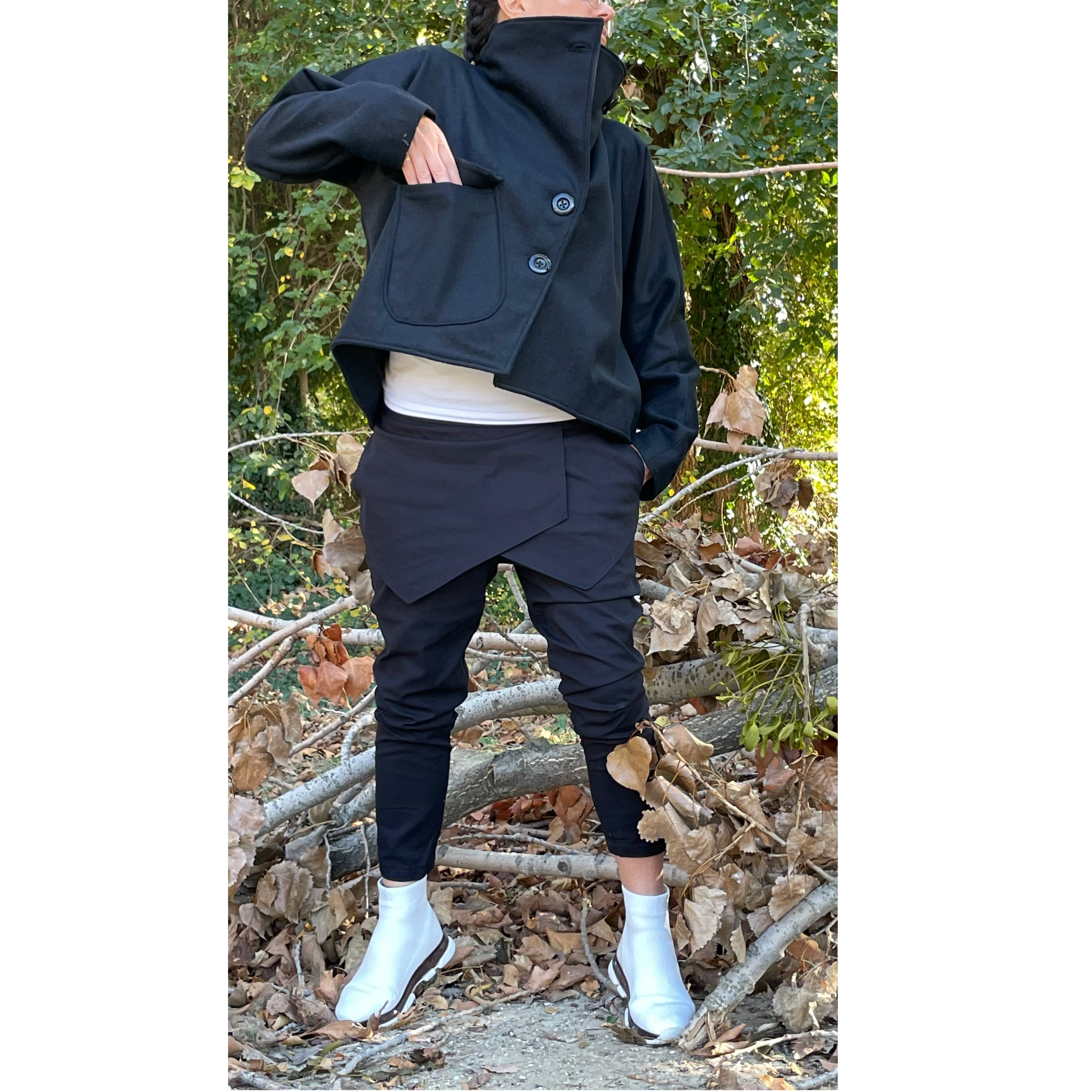 Wool Short Coat  High Collar Black Winter Coat