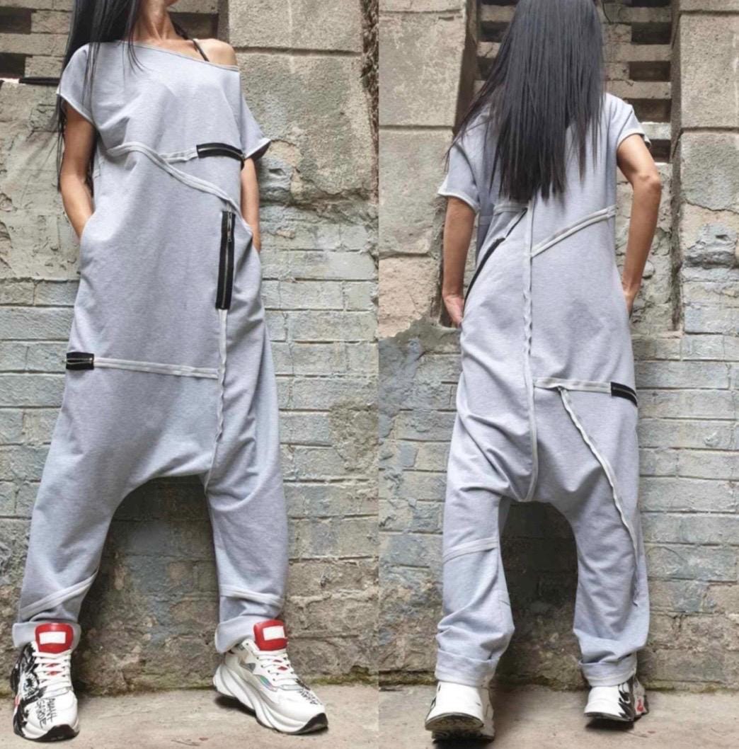 Black Asymmetrical Jumpsuit with Short Sleeves – Designer Cut / Exposed Seams & Zippers / Two-Thread Fleece Romper with Side Pockets