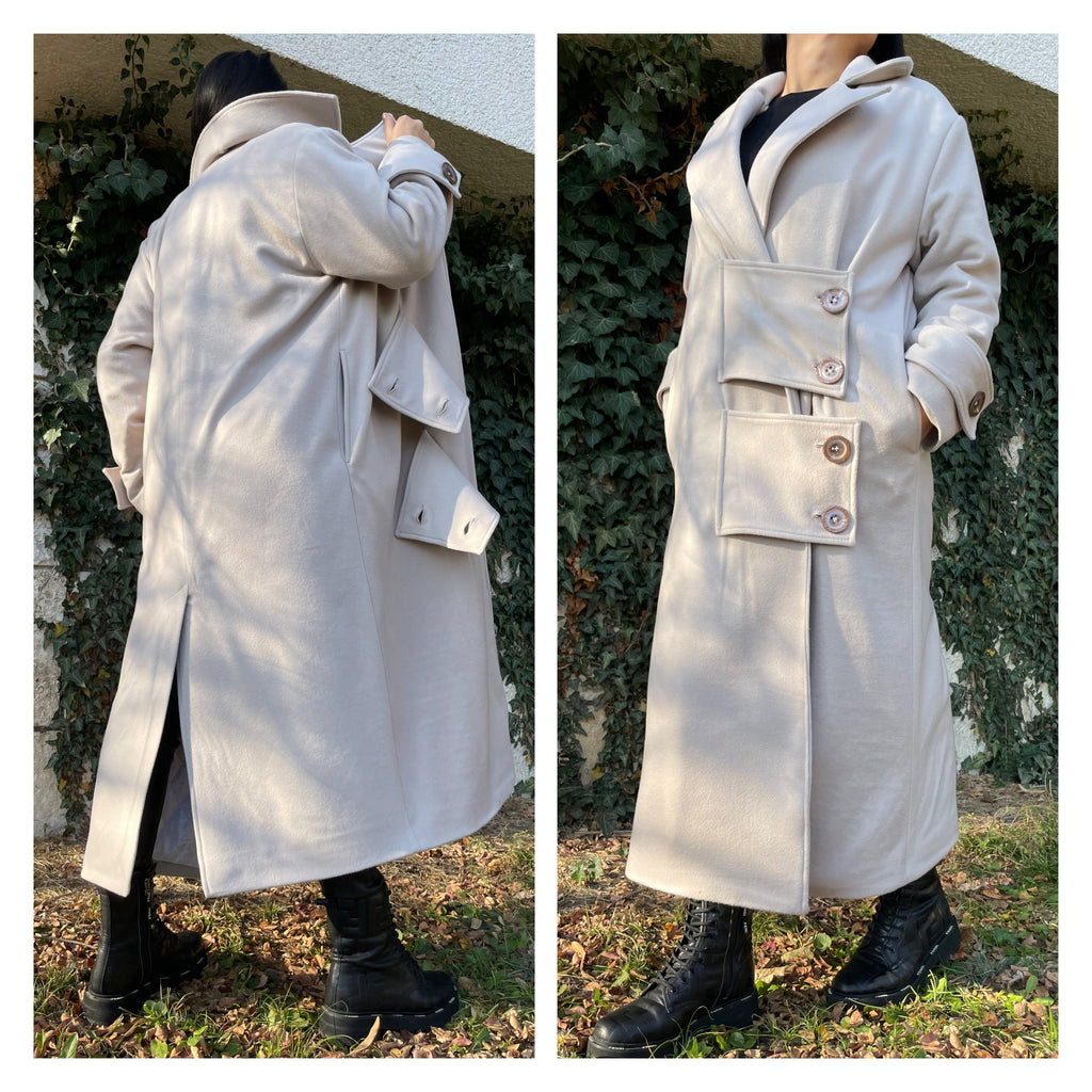 Oversized Wool Blend Coat – Long Lined Beige Overcoat with Asymmetric Button Closure
