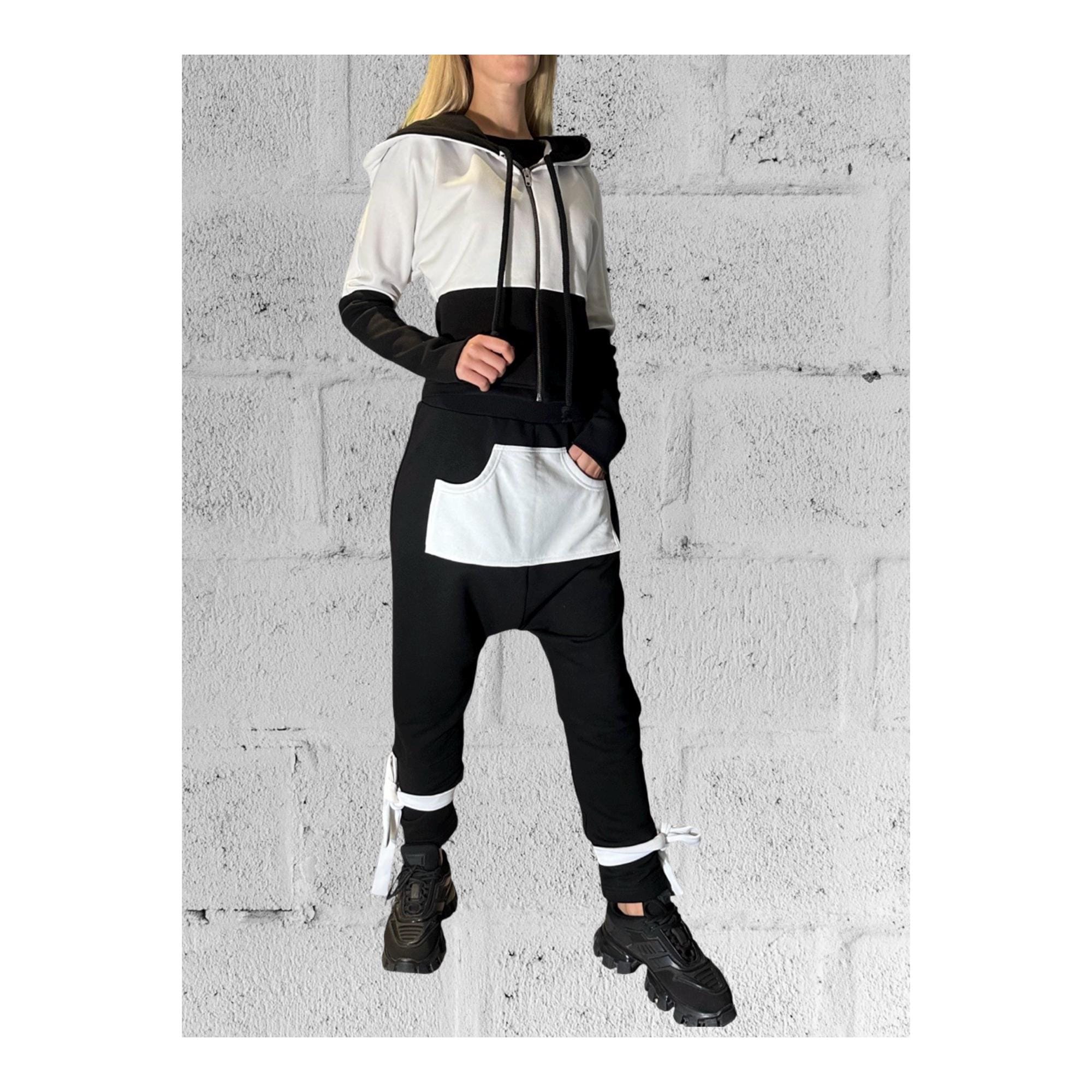 Black & White Avant-Garde Tracksuit Set / Harem Pants and Cropped Zip Hoodie / Handmade Urban Look