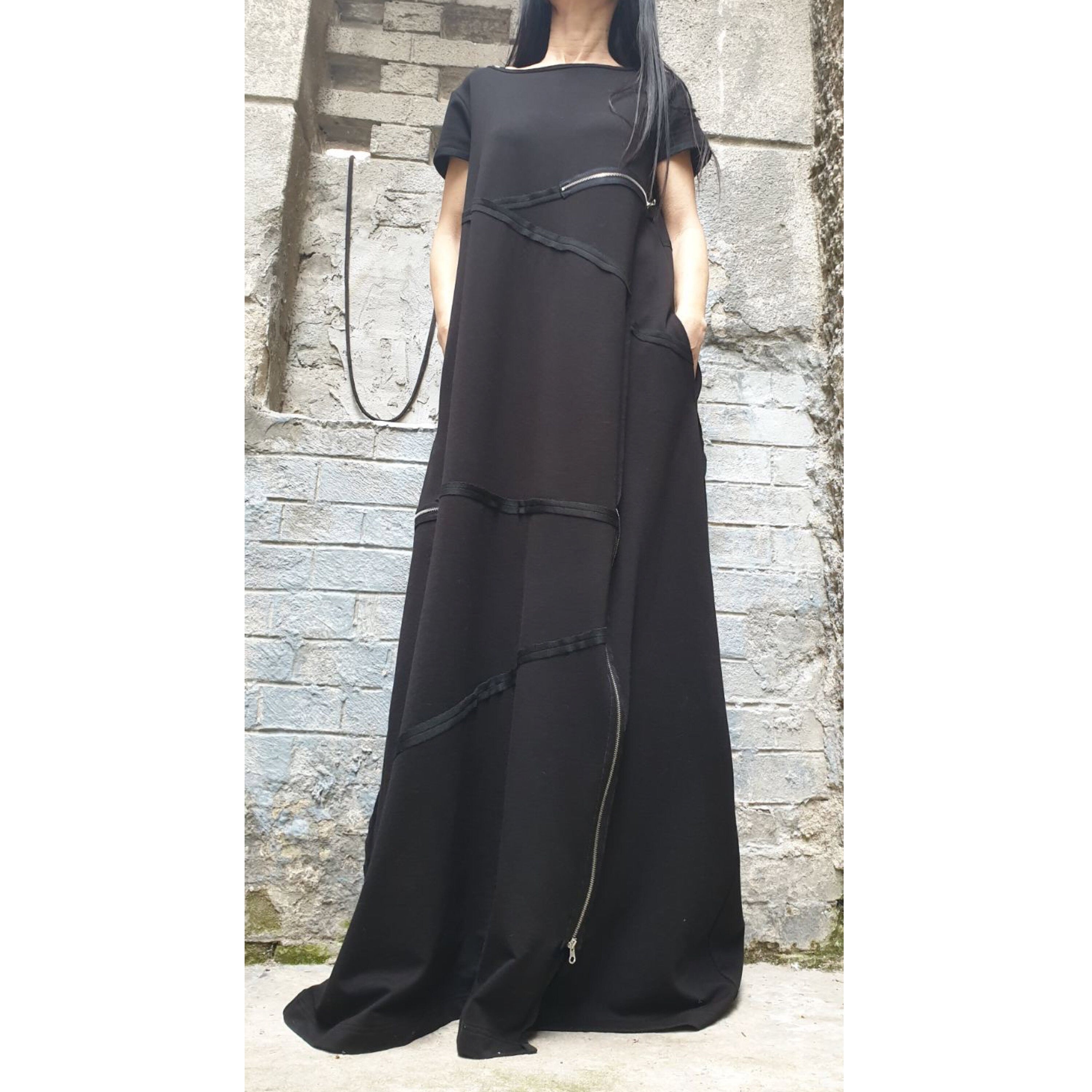 Black Maxi Designer Dress – Avant-Garde Cut Dress with Zippers & Exposed Seams / Cotton Fleece Jersey / Oversized Architectural Dress XS–5XL