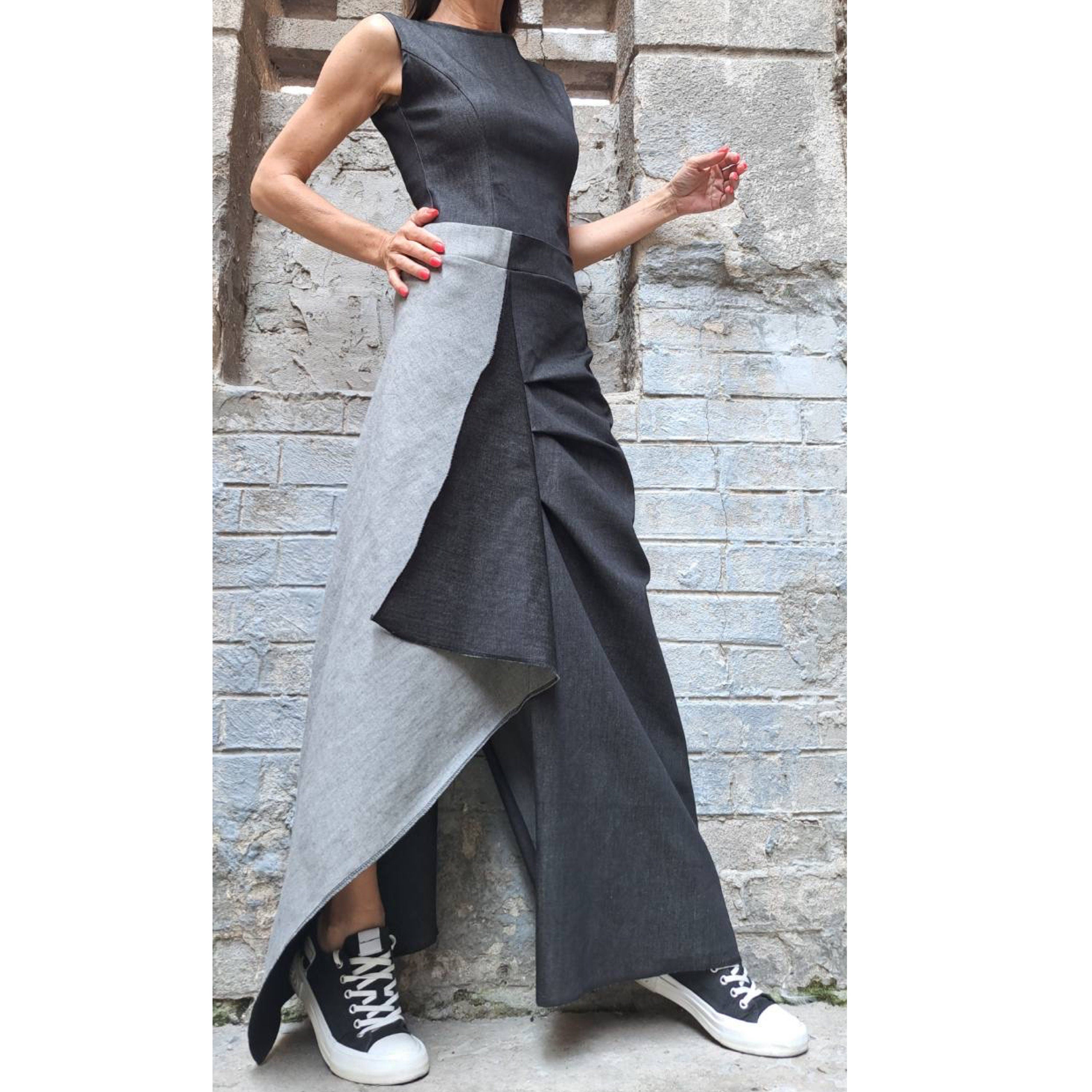 Asymmetric Denim Maxi Dress – Avant Garde A-Line Jean Dress with Side Slit / Women’s Streetwear Sculptural Dress