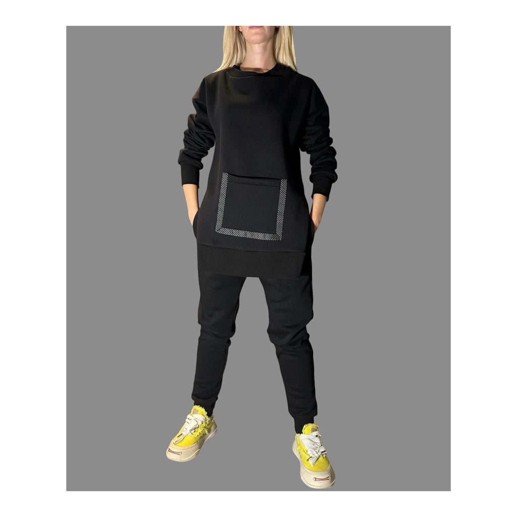 Women’s Winter Fleece Set – Asymmetric Sweatshirt & High-Waisted Joggers / Thick Three-Thread Cotton Tracksuit / Warm Black Two-Piece Outfit