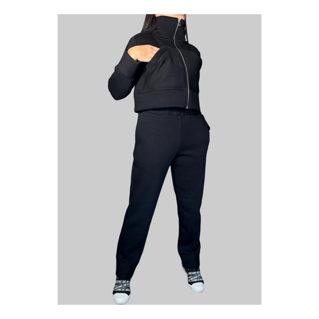 Women’s Two-Piece Tracksuit Set – Black High-Neck Zip Jacket & Jogger Pants / Thick Cotton Blend Loungewear / Minimalist Athleisure Outfit