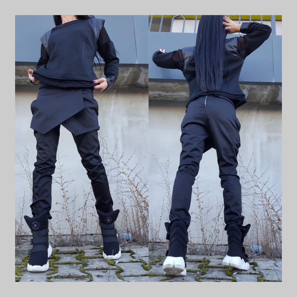 Black Cotton Designer Pants with Asymmetrical Front Detail / Avant-Garde Side Pockets Pants