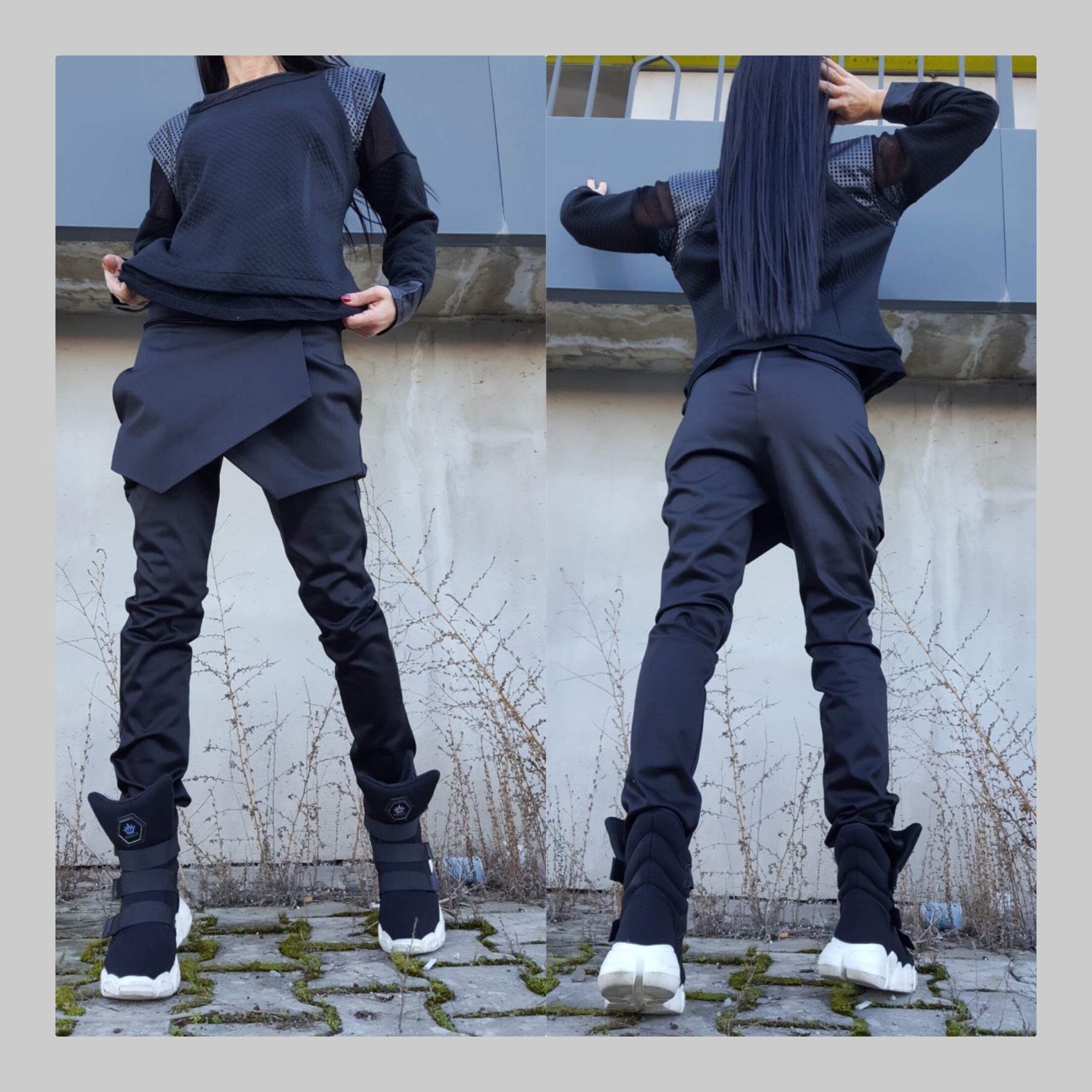Black Cotton Designer Pants with Asymmetrical Front Detail / Avant-Garde Side Pockets Pants