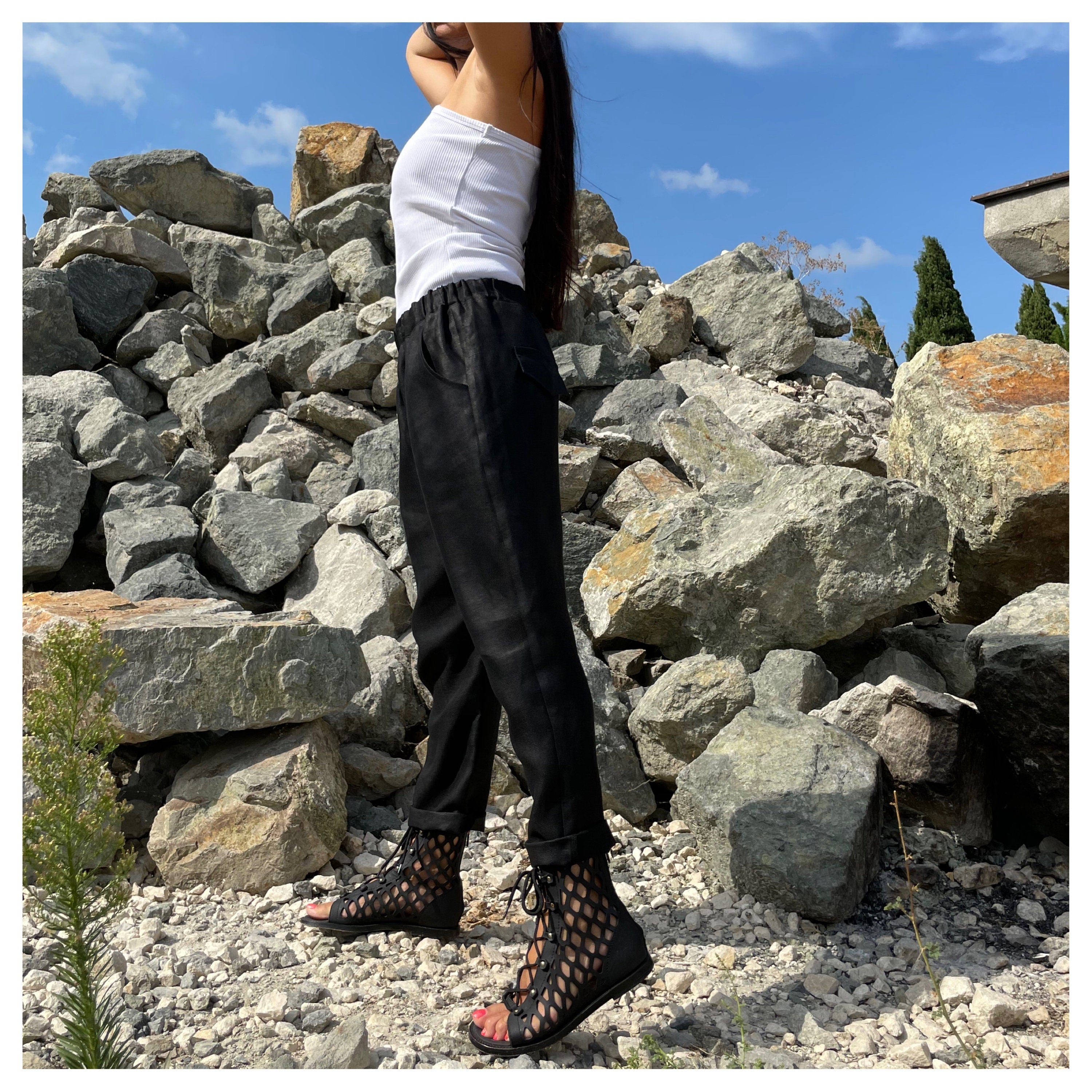 Women’s Black Linen Pants – High-Waist Drawstring Trousers with Pockets / Casual Summer Streetwear