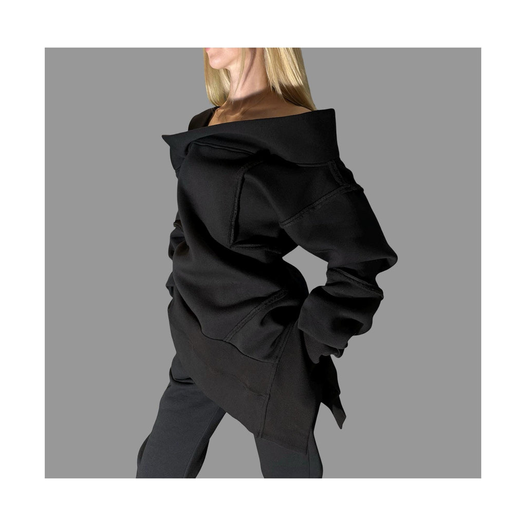 Black Asymmetric Winter Blouse with One Shoulder / Avant-Garde Cotton Top with External Seams