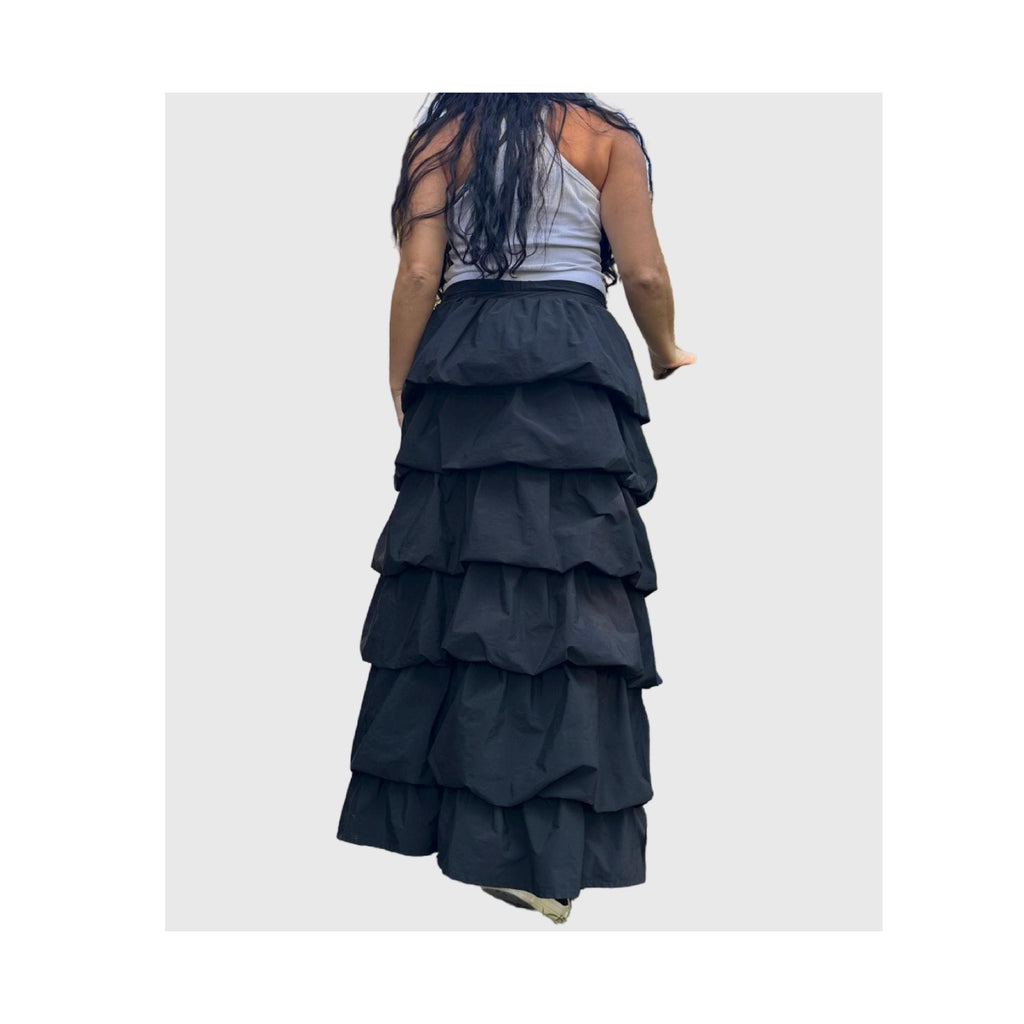 Black Ruffled Maxi Skirt – High Waist Lightweight Nylon with Elastic Tiers