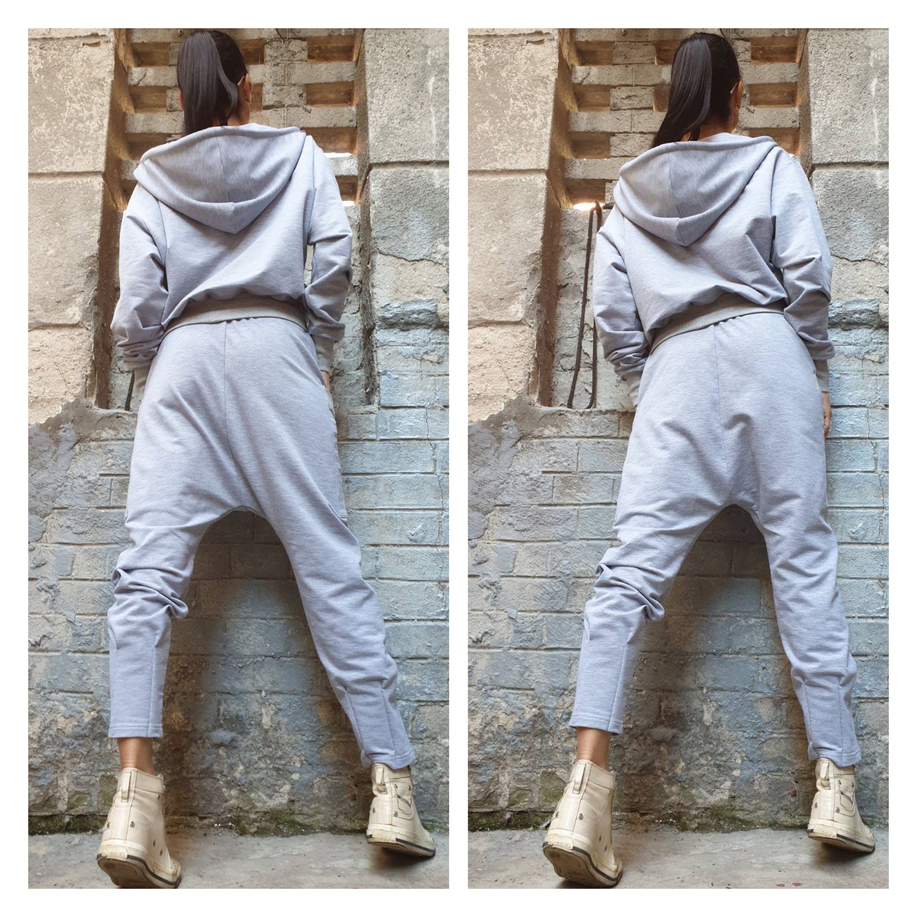 Grey Cotton Tracksuit Set – Women’s Hoodie & Drop-Crotch Harem Pants / Minimalist Streetwear Two-Piece / XS–5XL