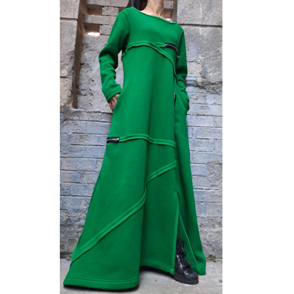 Winter Long Maxi Dress – Avant-Garde Asymmetric Warm Fleece Dress with Zippers / Green Three-Thread Cotton Sweatshirt Dress / Oversized Casu
