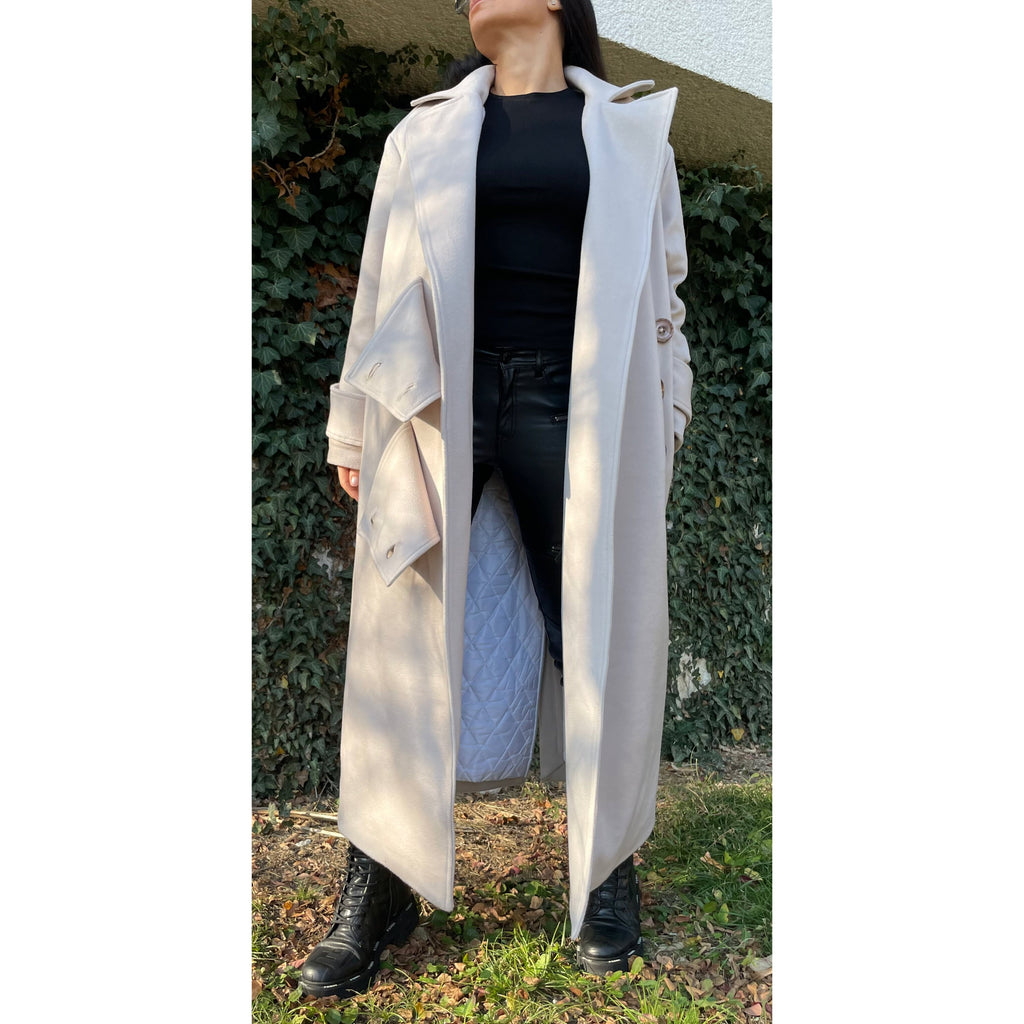 Oversized Wool Blend Coat – Long Lined Beige Overcoat with Asymmetric Button Closure