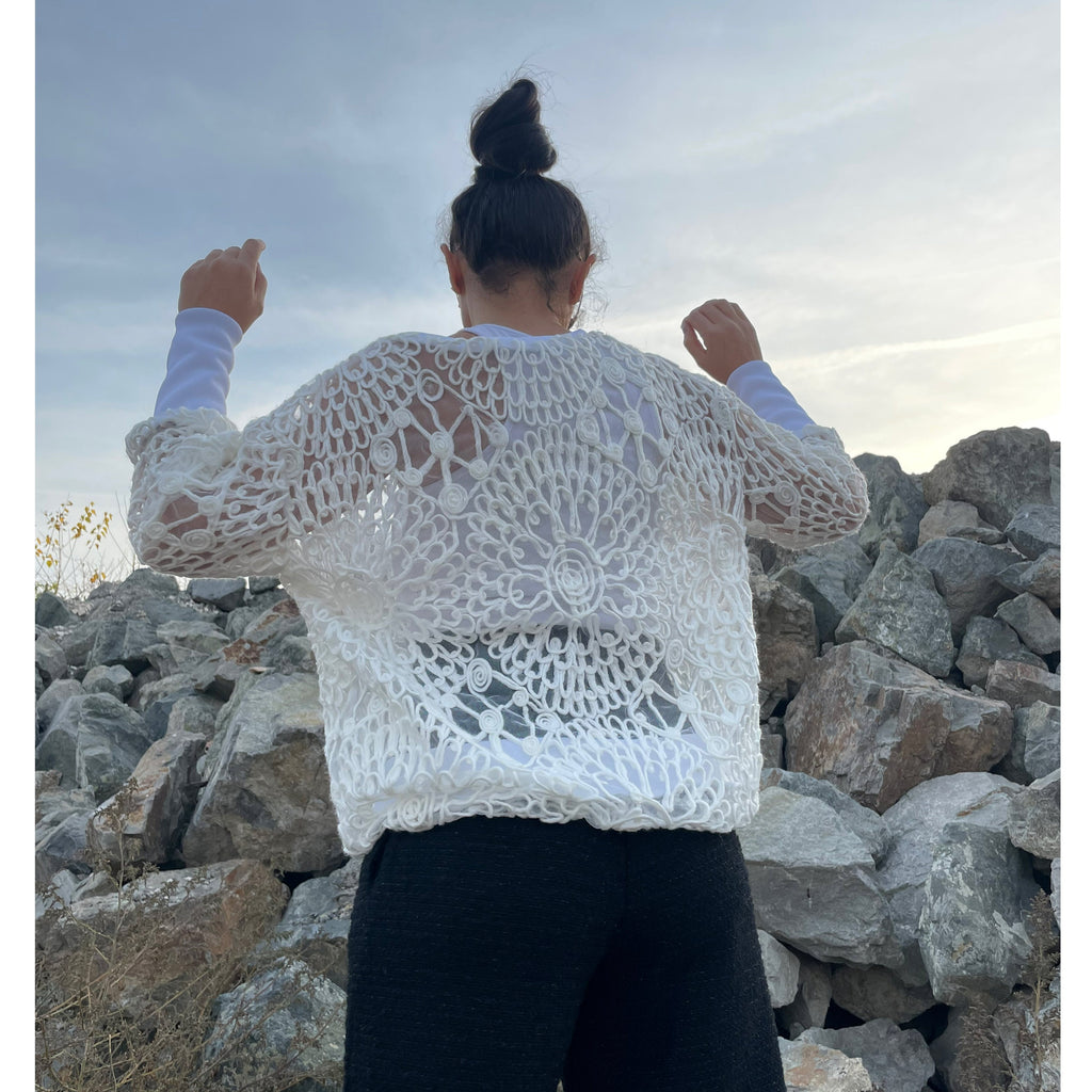 Knit Tulle Blouse: Long Sleeve Cotton Blend Top