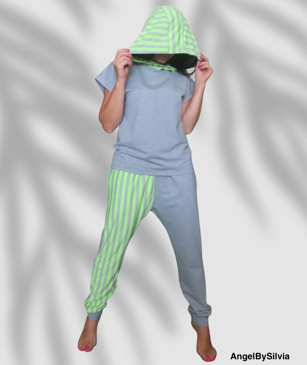 Hoodie Tracksuit Set: Two-Tone Cotton Joggers, Spring Summer Casual Outfit