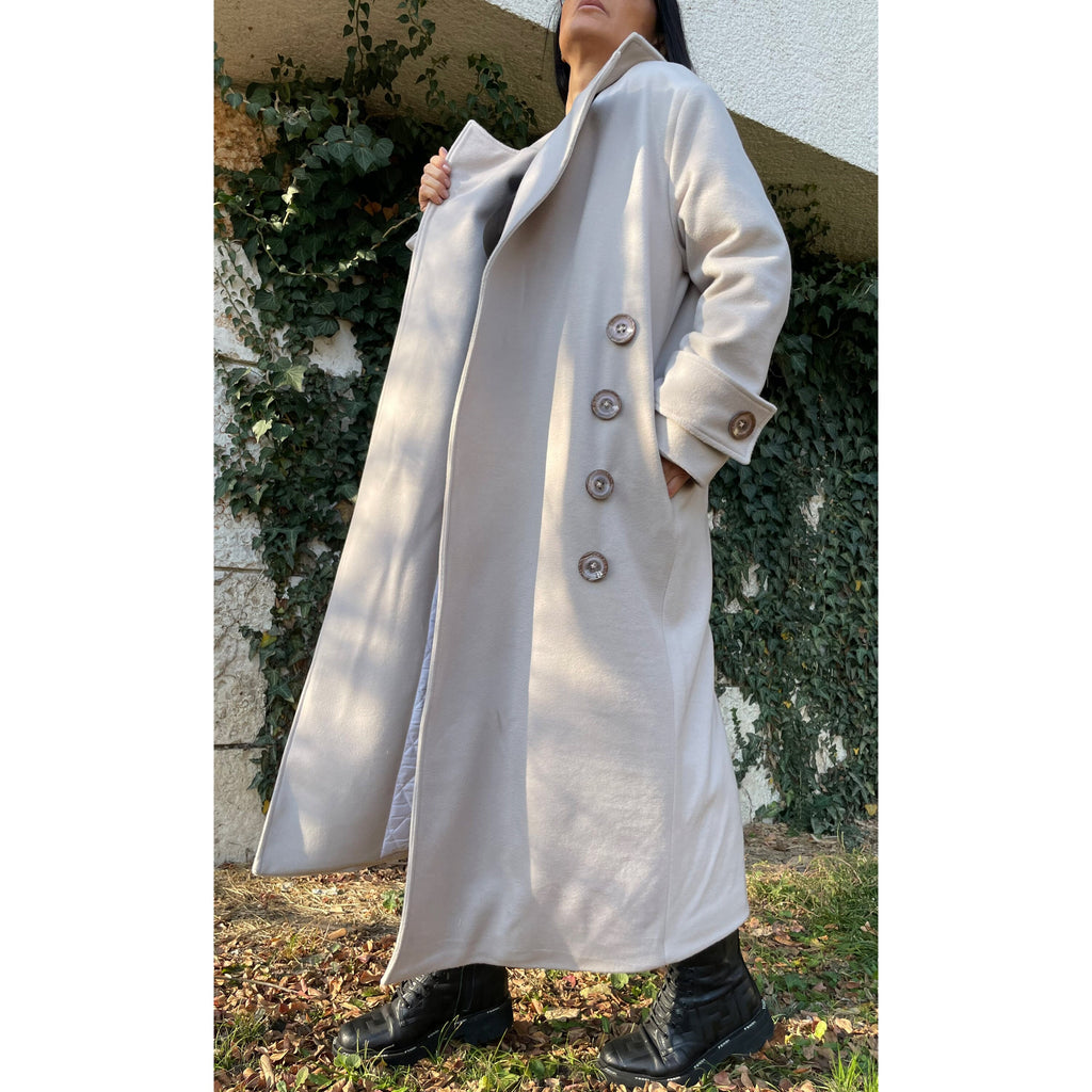 Oversized Wool Blend Coat – Long Lined Beige Overcoat with Asymmetric Button Closure