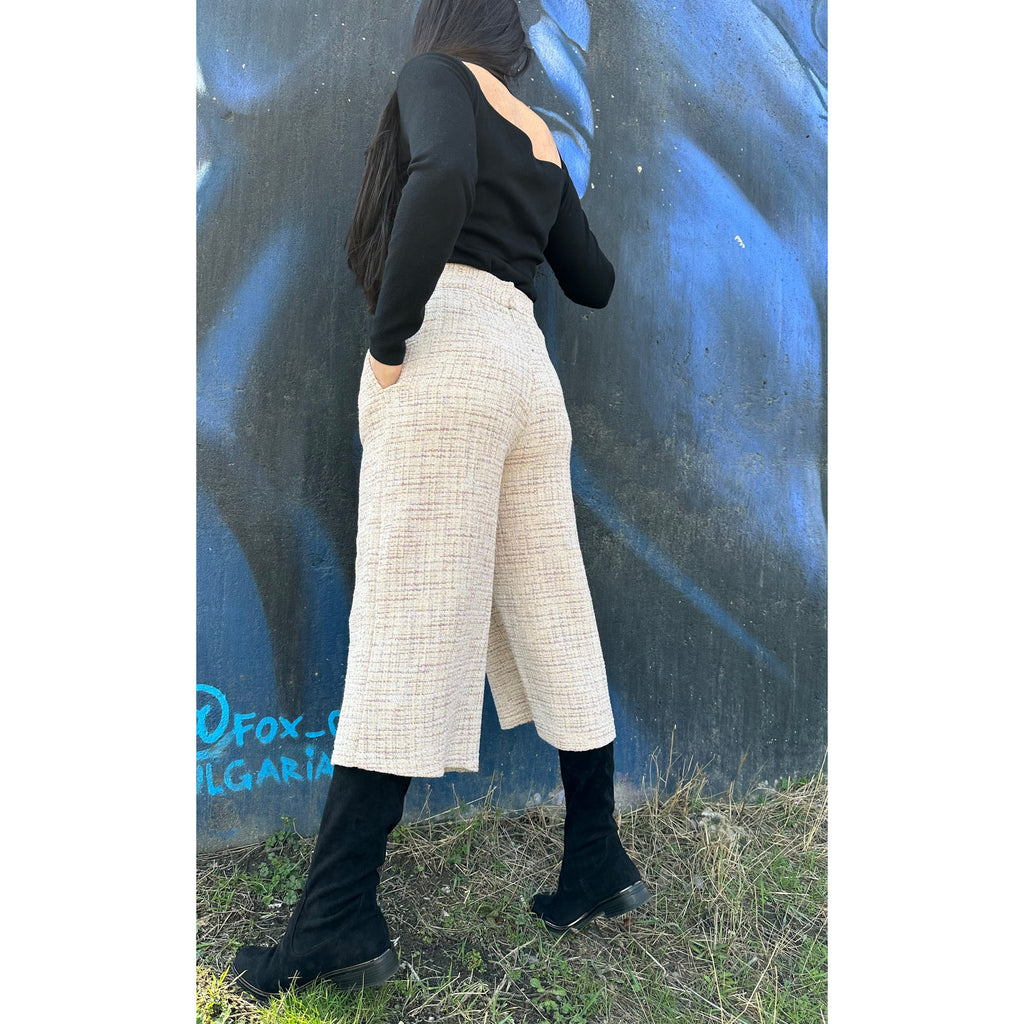High Waist Beige Culottes: Wide Leg Cropped Pants