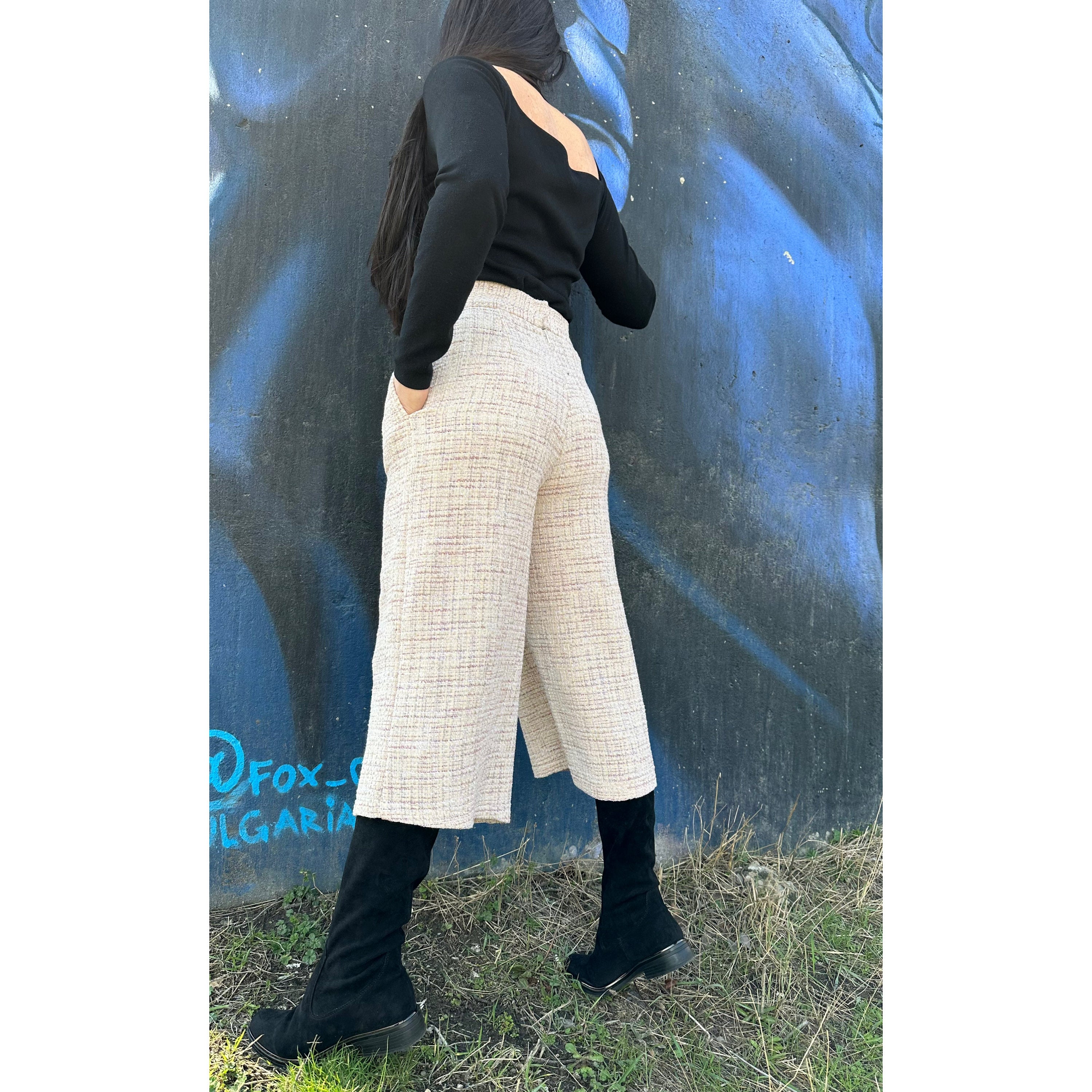 High Waist Beige Culottes: Wide Leg Cropped Pants