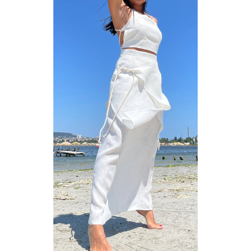 Asymmetrical High-Waisted White Linen Skirt with Wrap Tie Panels – Handmade Minimalist Summer Skirt