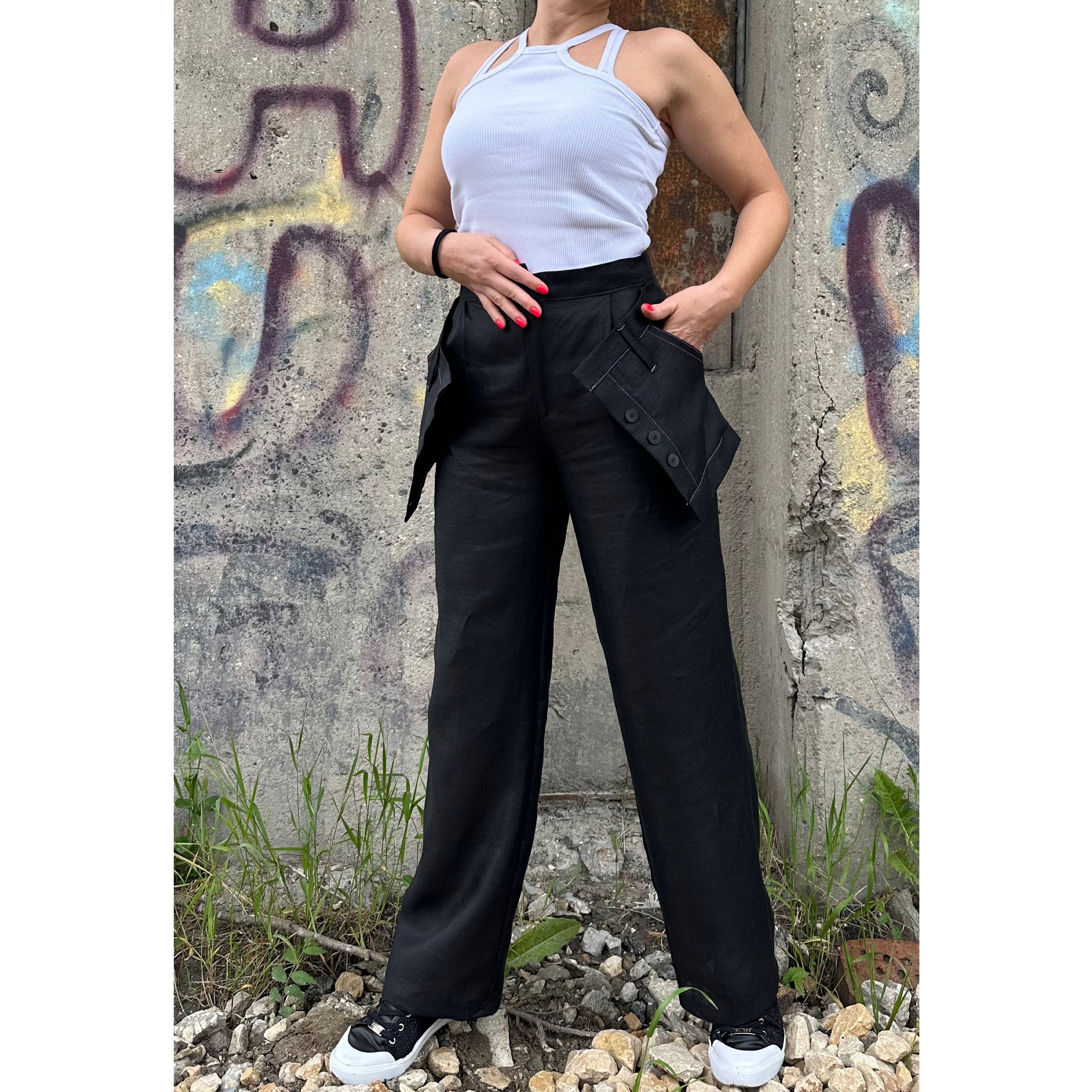 Black Linen High-Waisted Pants with Removable Overlay Skirt – Wide-Leg Trousers with Pockets