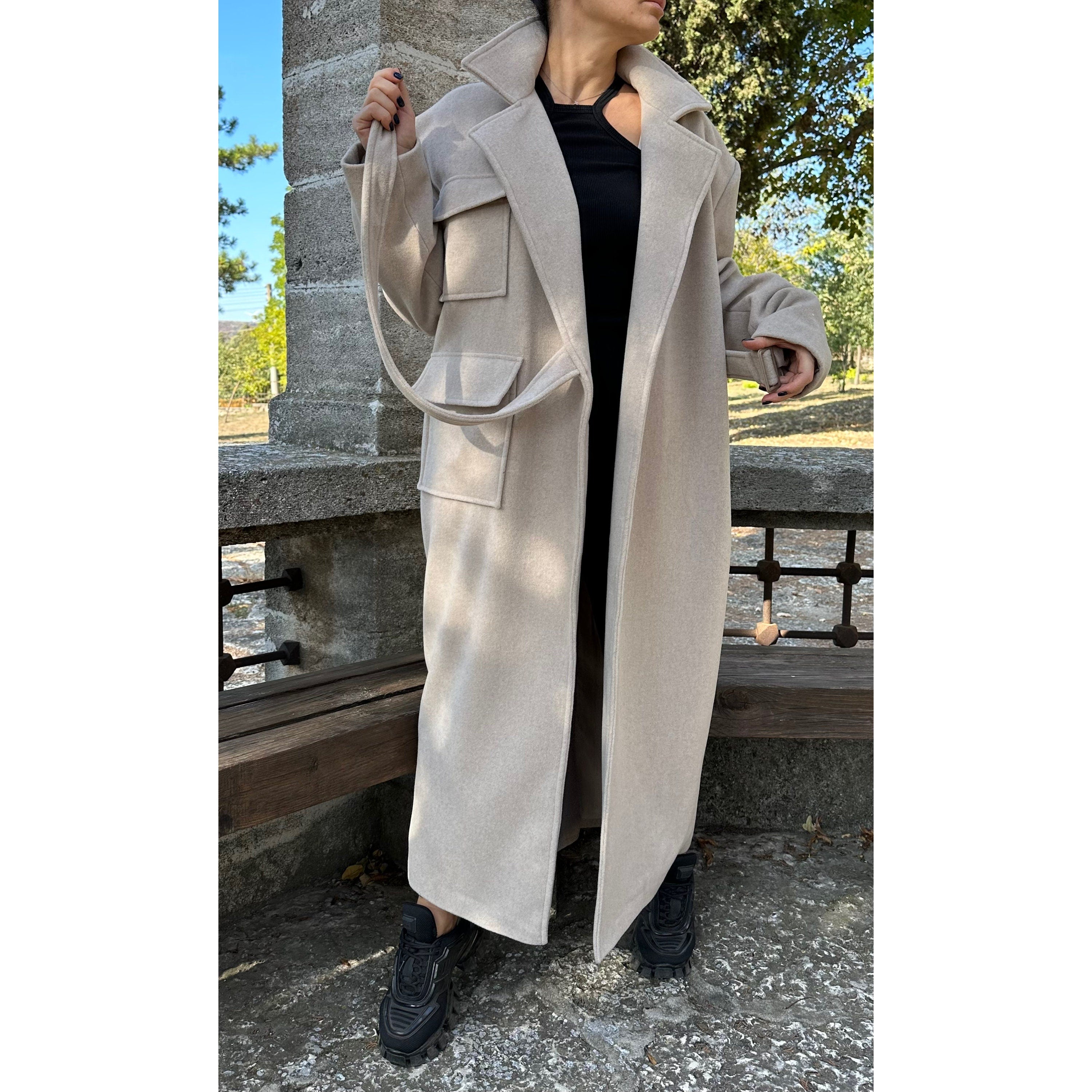 Oversized Wool Coat / Beige Lined Street Style Long Jacket
