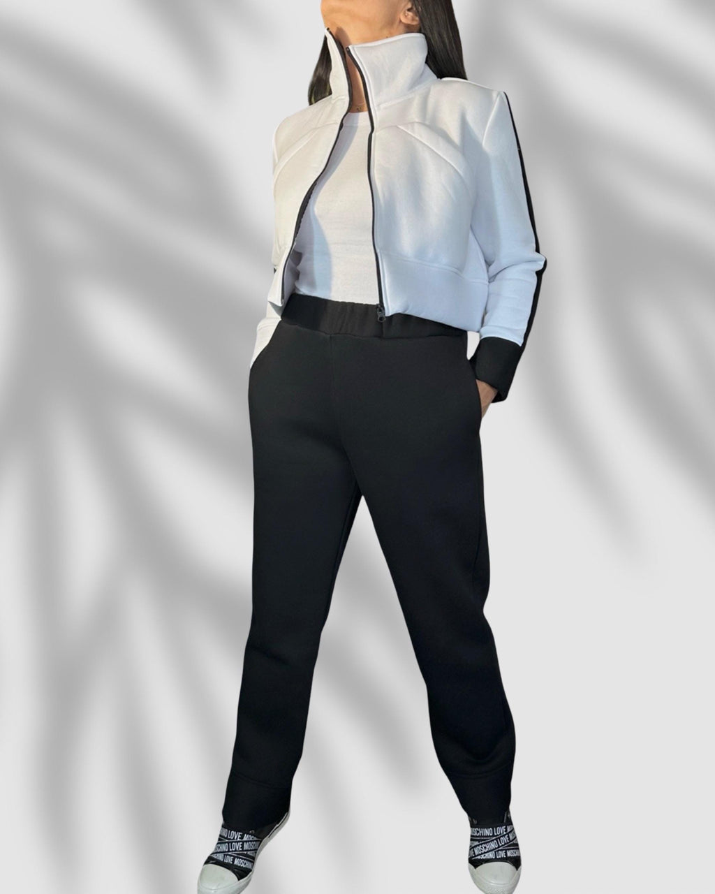 Black  White Fleece Set – Cropped Jacket & High Waist Joggers / Warm Two-Piece Tracksuit