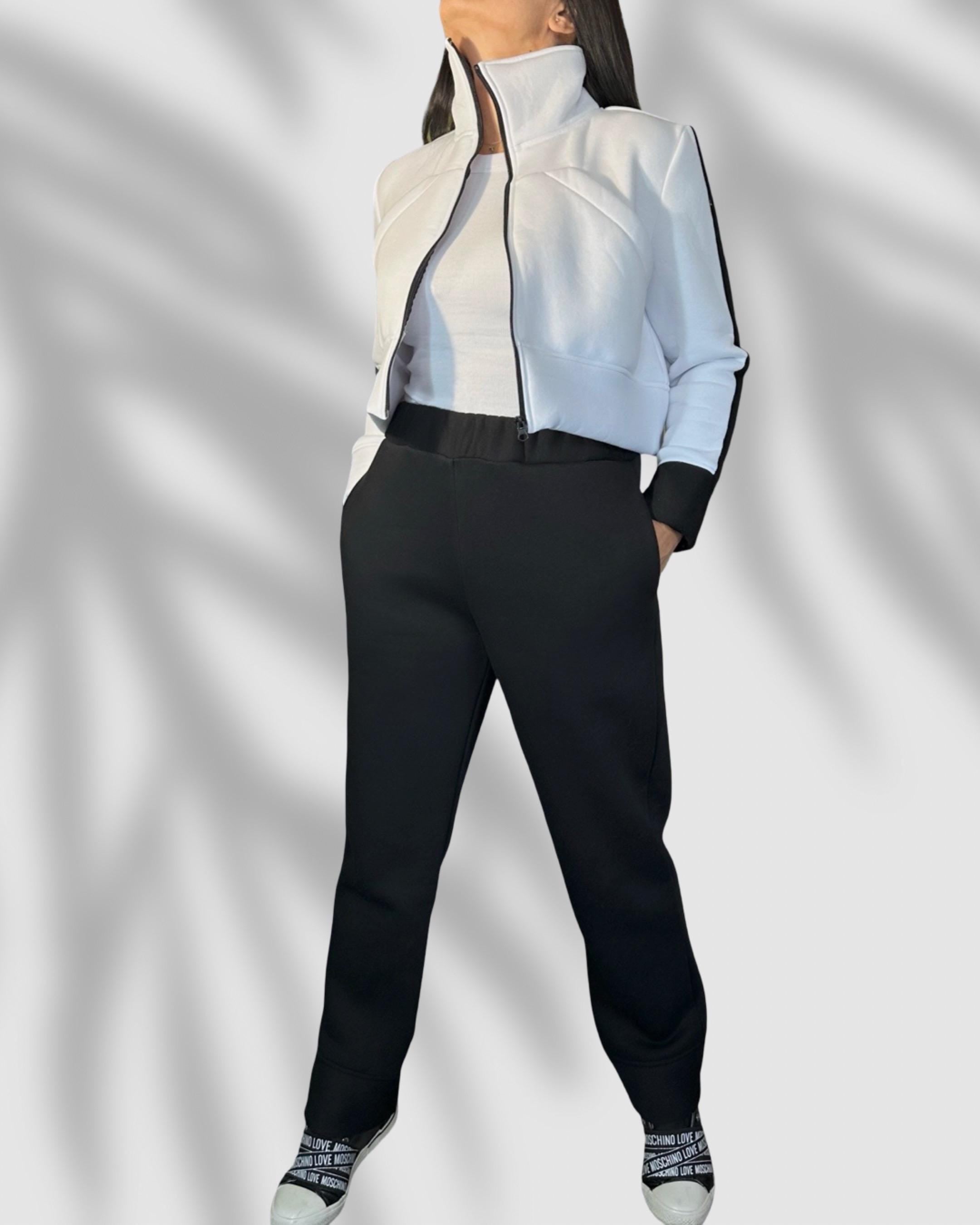 Black  White Fleece Set – Cropped Jacket & High Waist Joggers / Warm Two-Piece Tracksuit