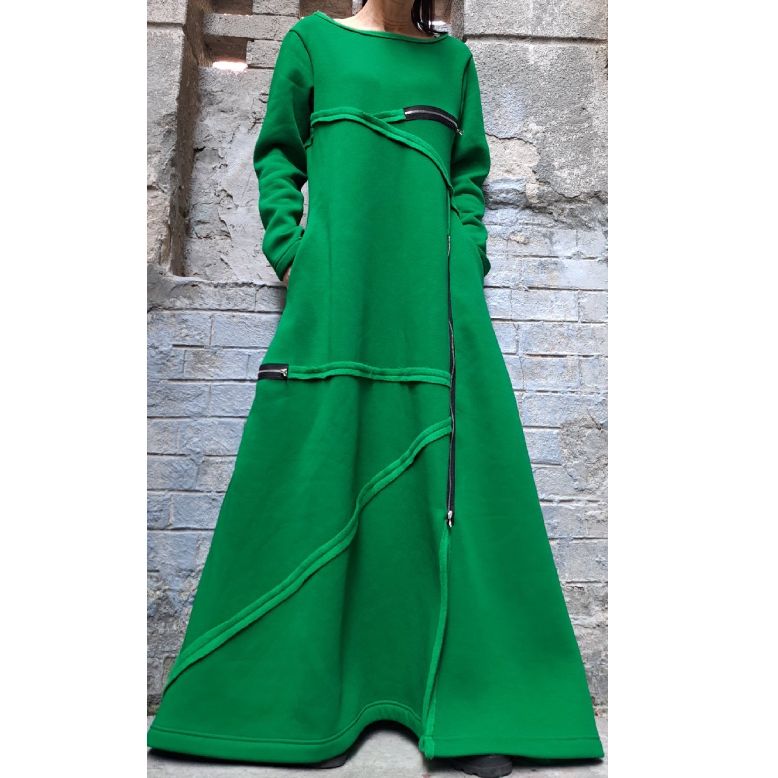 Winter Long Maxi Dress – Avant-Garde Asymmetric Warm Fleece Dress with Zippers / Green Three-Thread Cotton Sweatshirt Dress / Oversized Casu