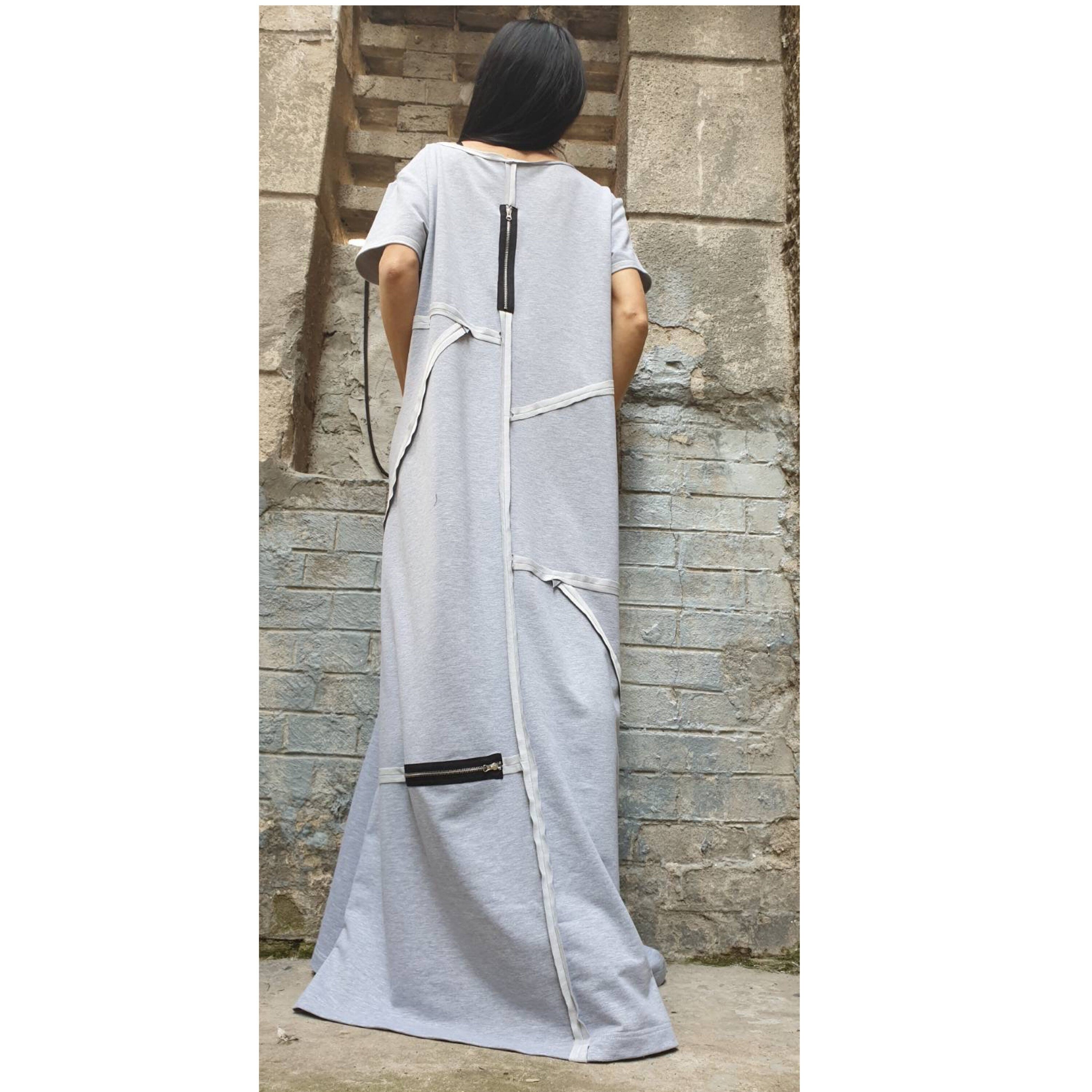 Grey Maxi Designer Dress – Avant-Garde Cut Dress with Zippers & Exposed Seams / Cotton Fleece Jersey / Oversized Architectural Dress XS–5XL